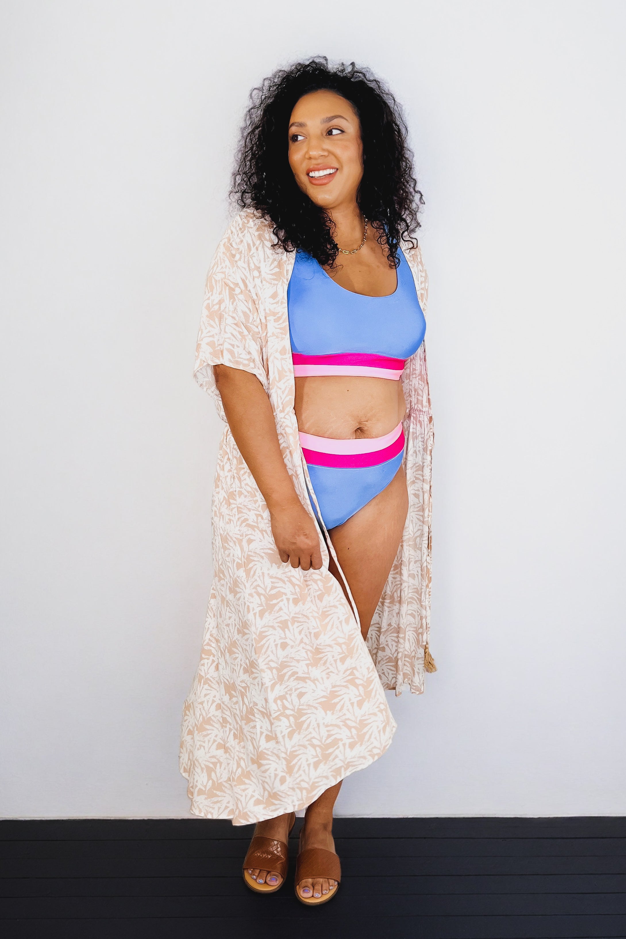 Tropical Print Gauze Swim Layering Piece with Elastic Waist Tie • Milk Tea