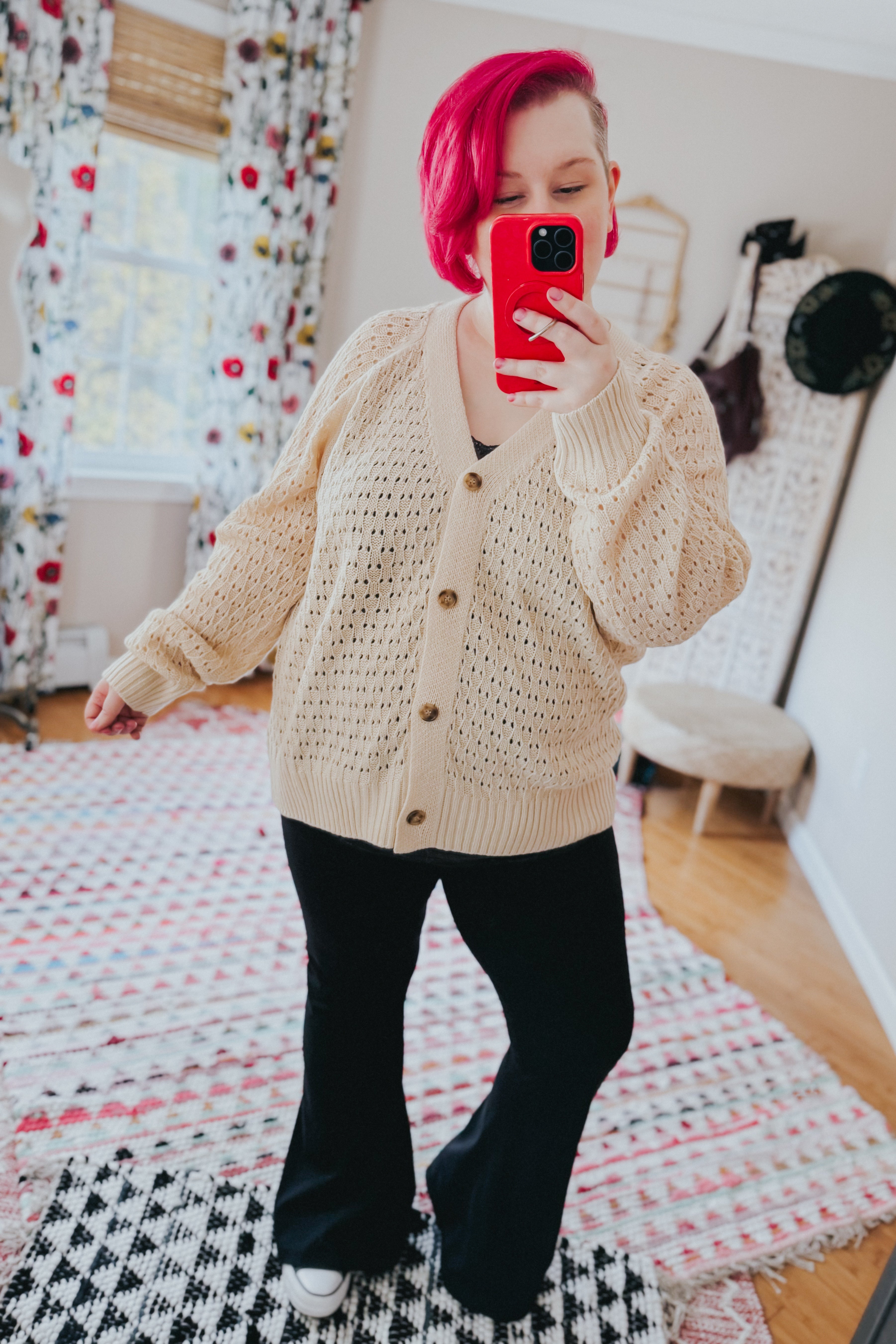 Wallflower Pointelle Knit Button Down Cardigan • Oatmeal