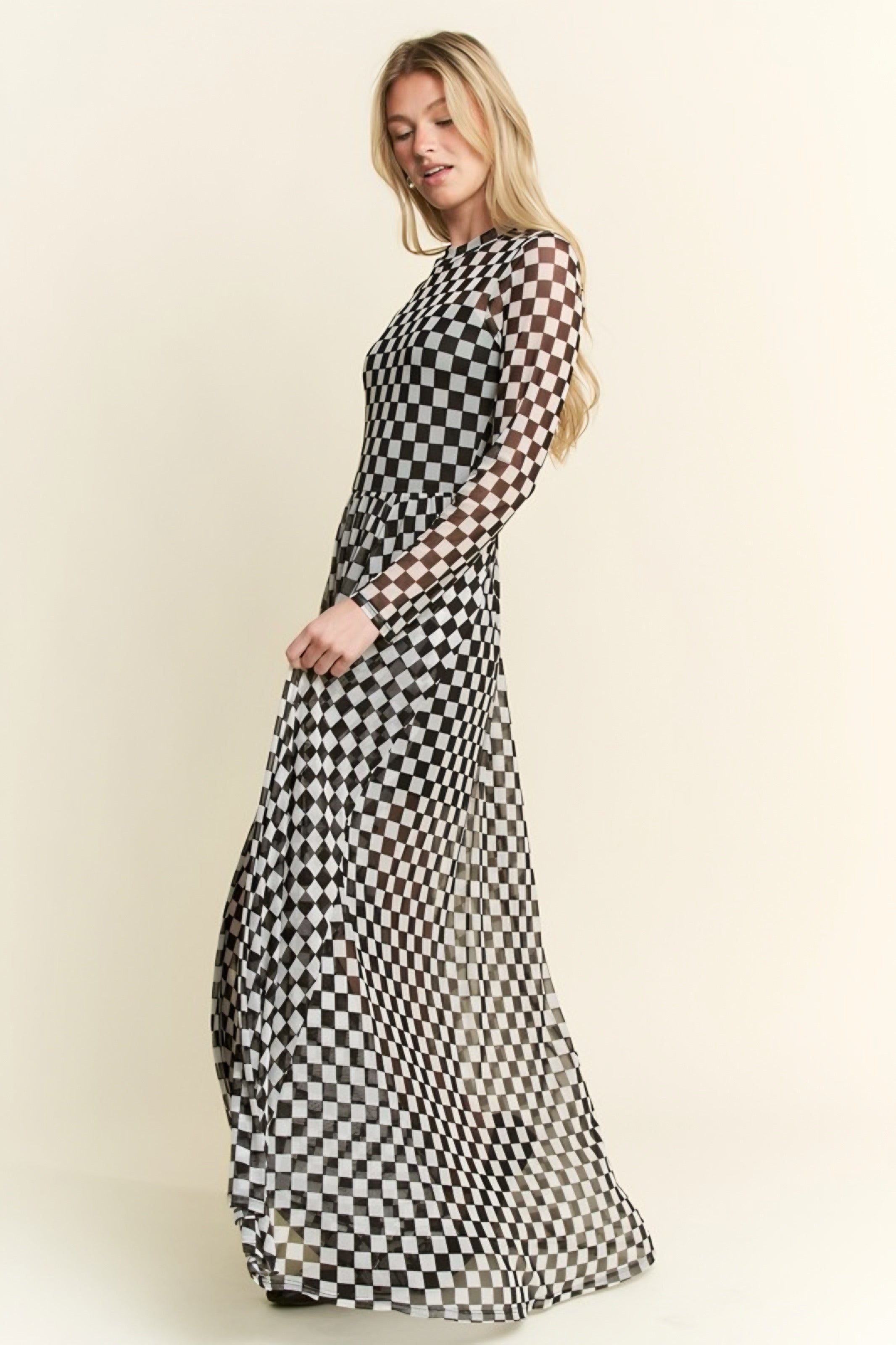 No Compromise Long Sleeve Checkered Print Mesh Maxi Dress