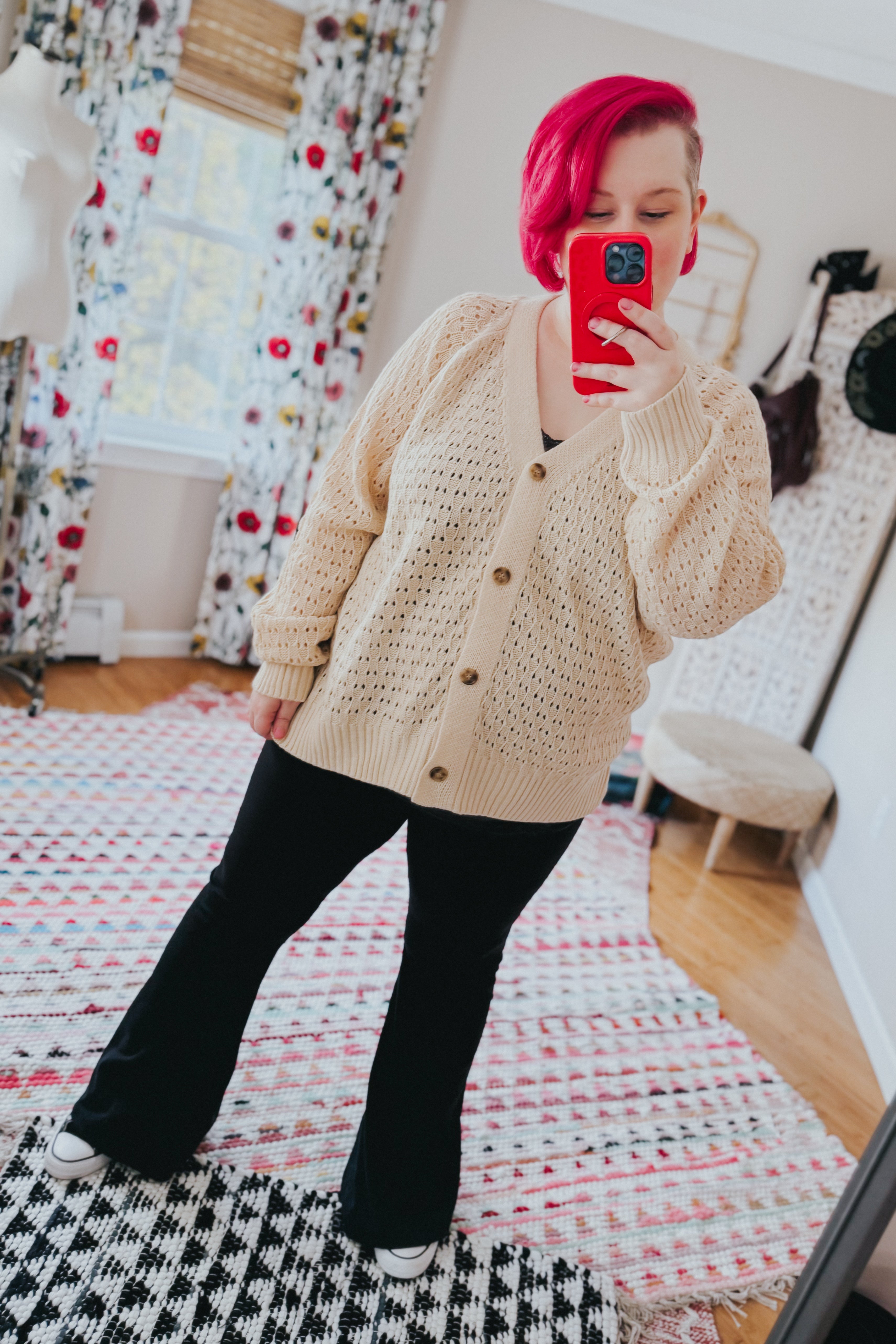 Wallflower Pointelle Knit Button Down Cardigan • Oatmeal