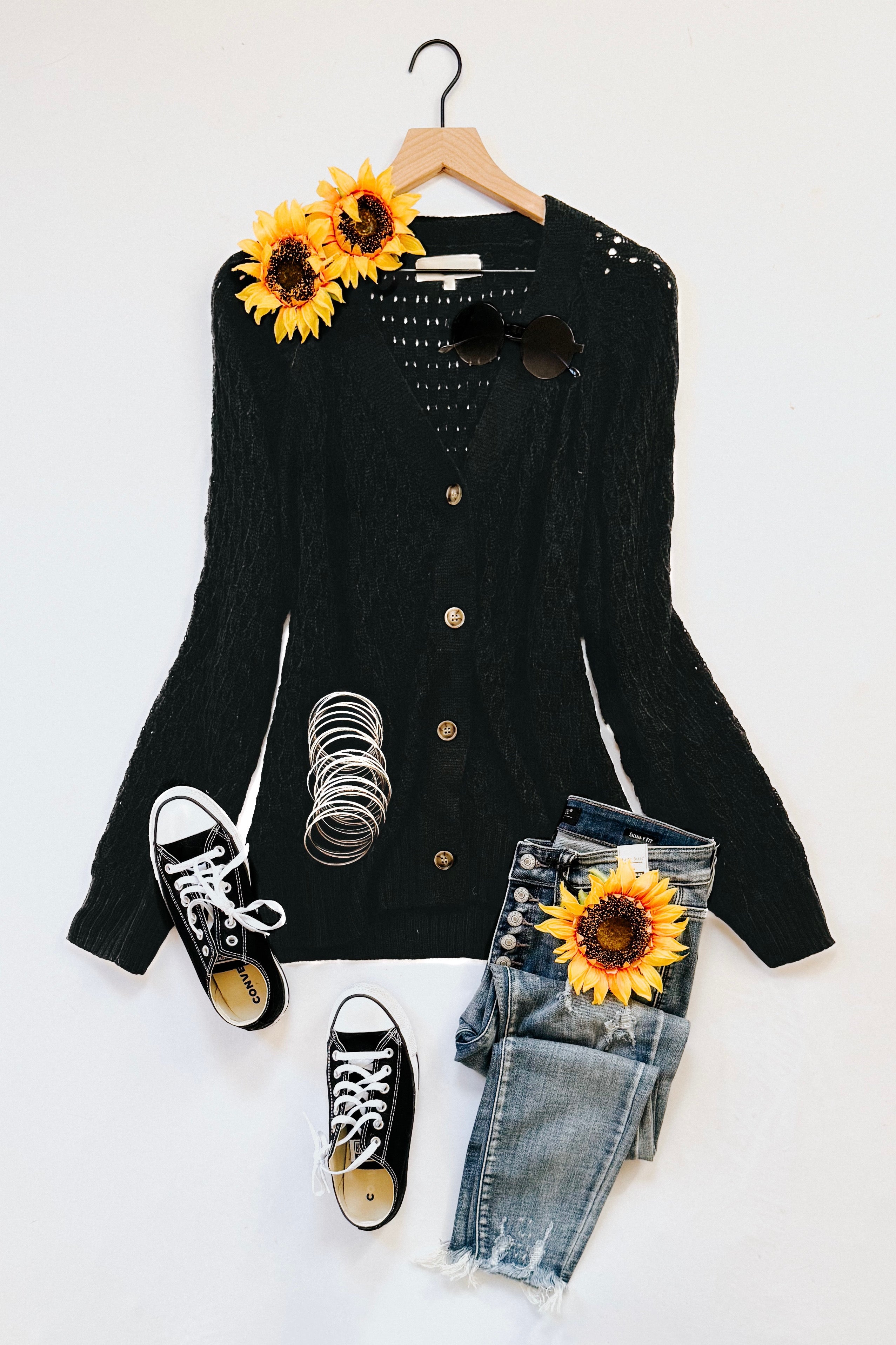 Wallflower Pointelle Knit Button Down Cardigan • Black