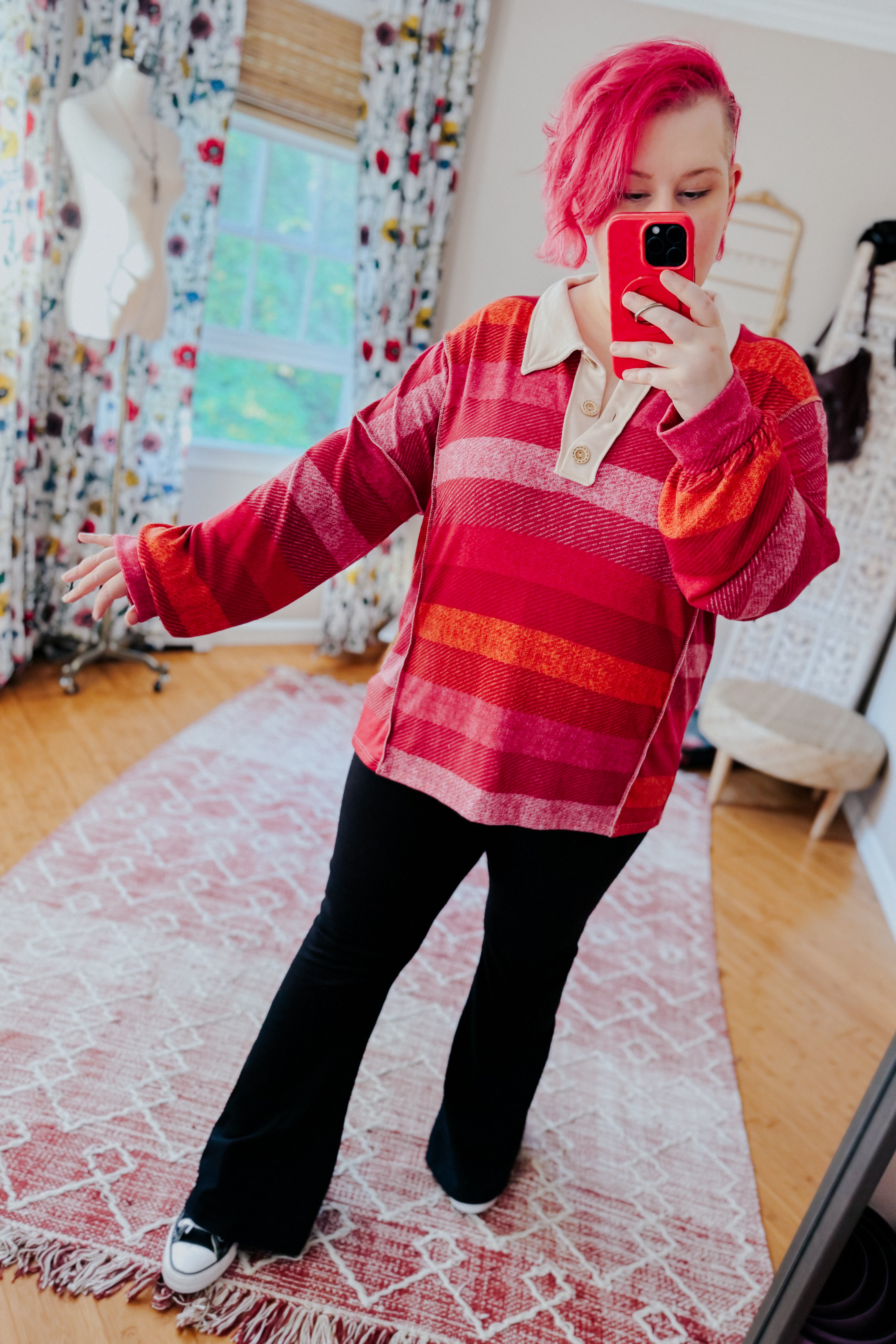 All Good Striped Button Down Placket Collared Top