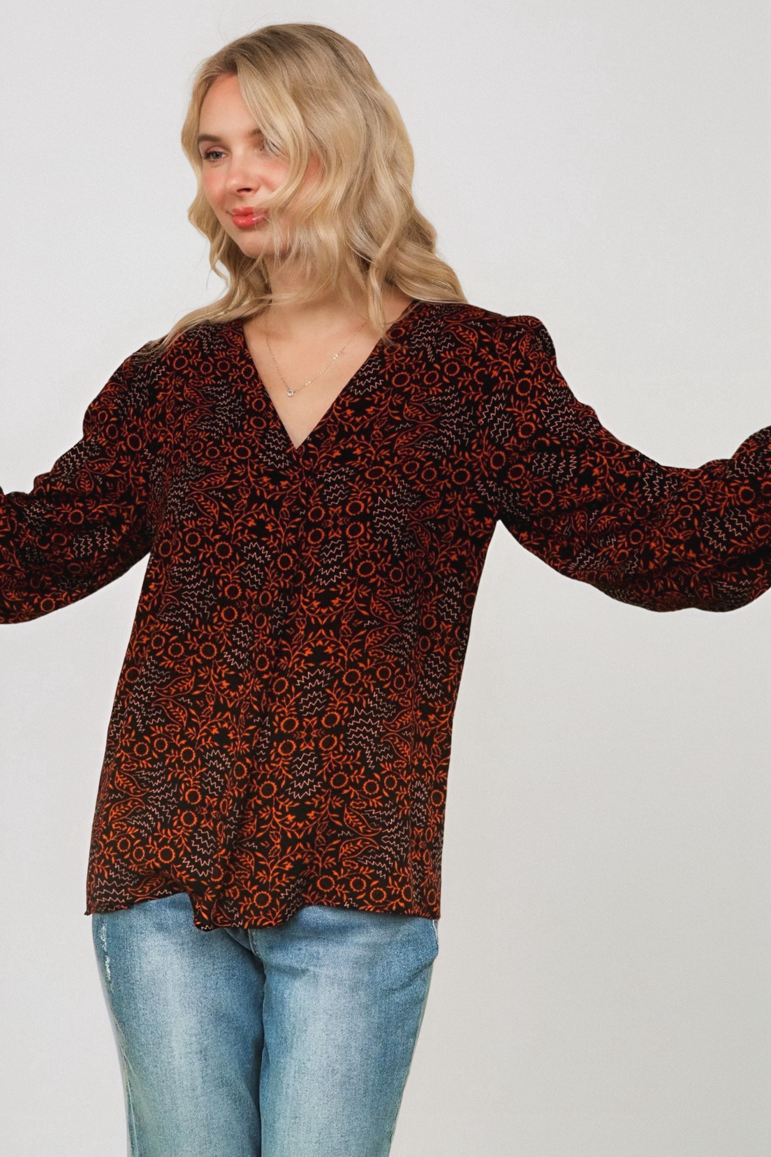 Tangerine Blooms V Neck Blouse