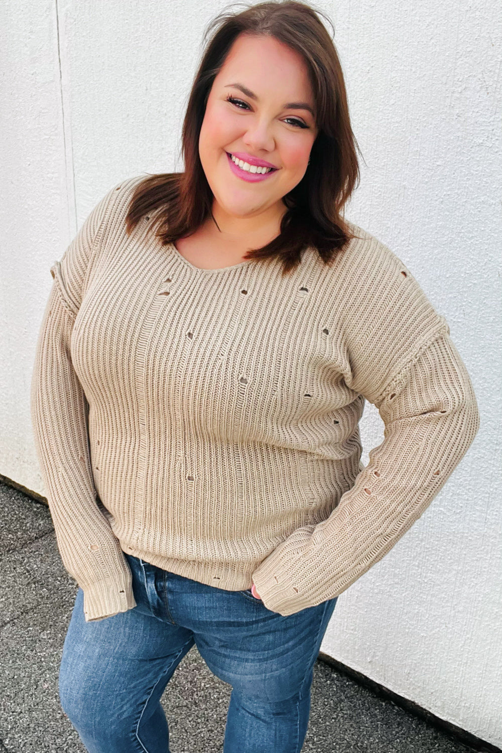 Comfy Day Distressed V Neck Sweater