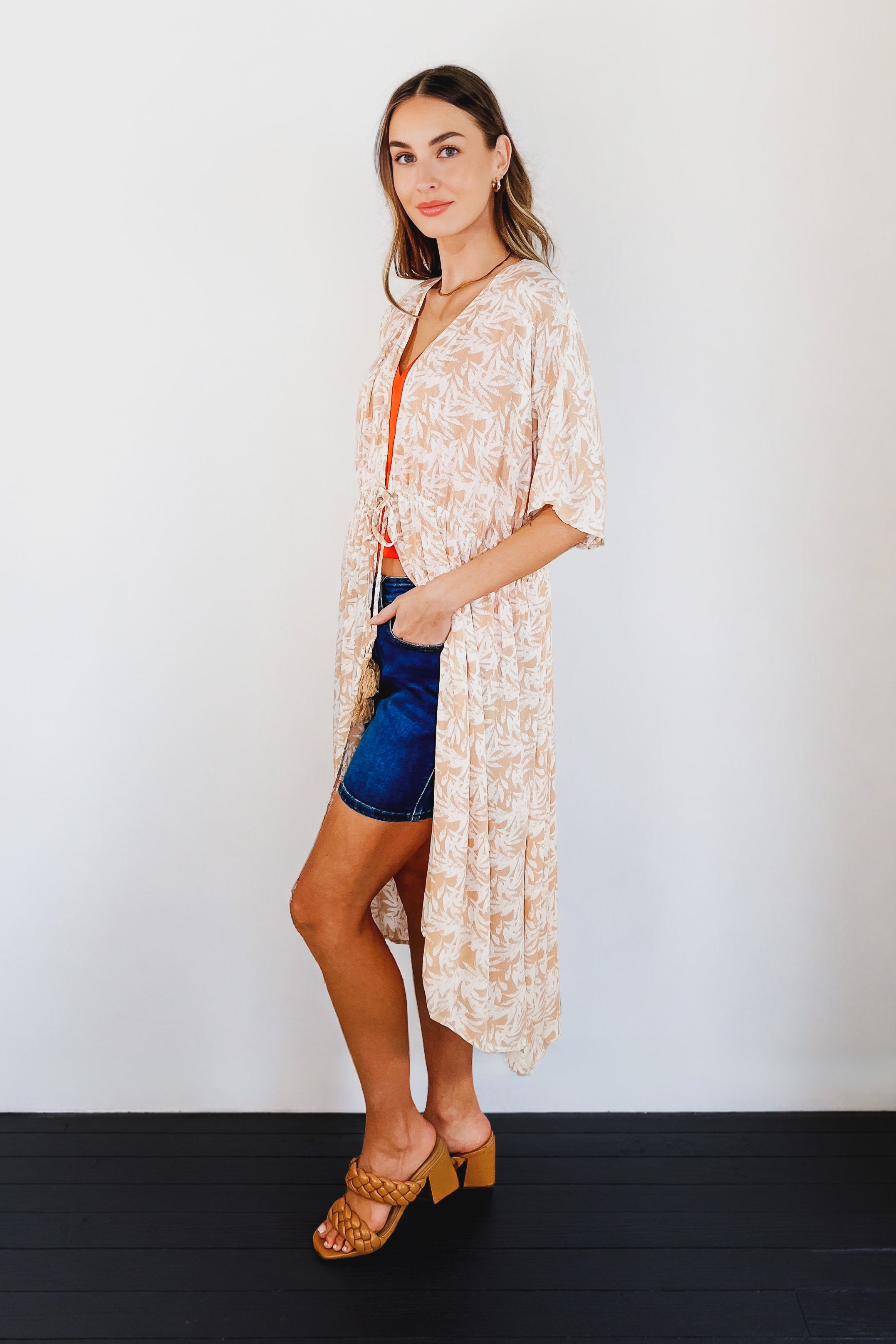 Tropical Print Gauze Swim Layering Piece with Elastic Waist Tie • Milk Tea