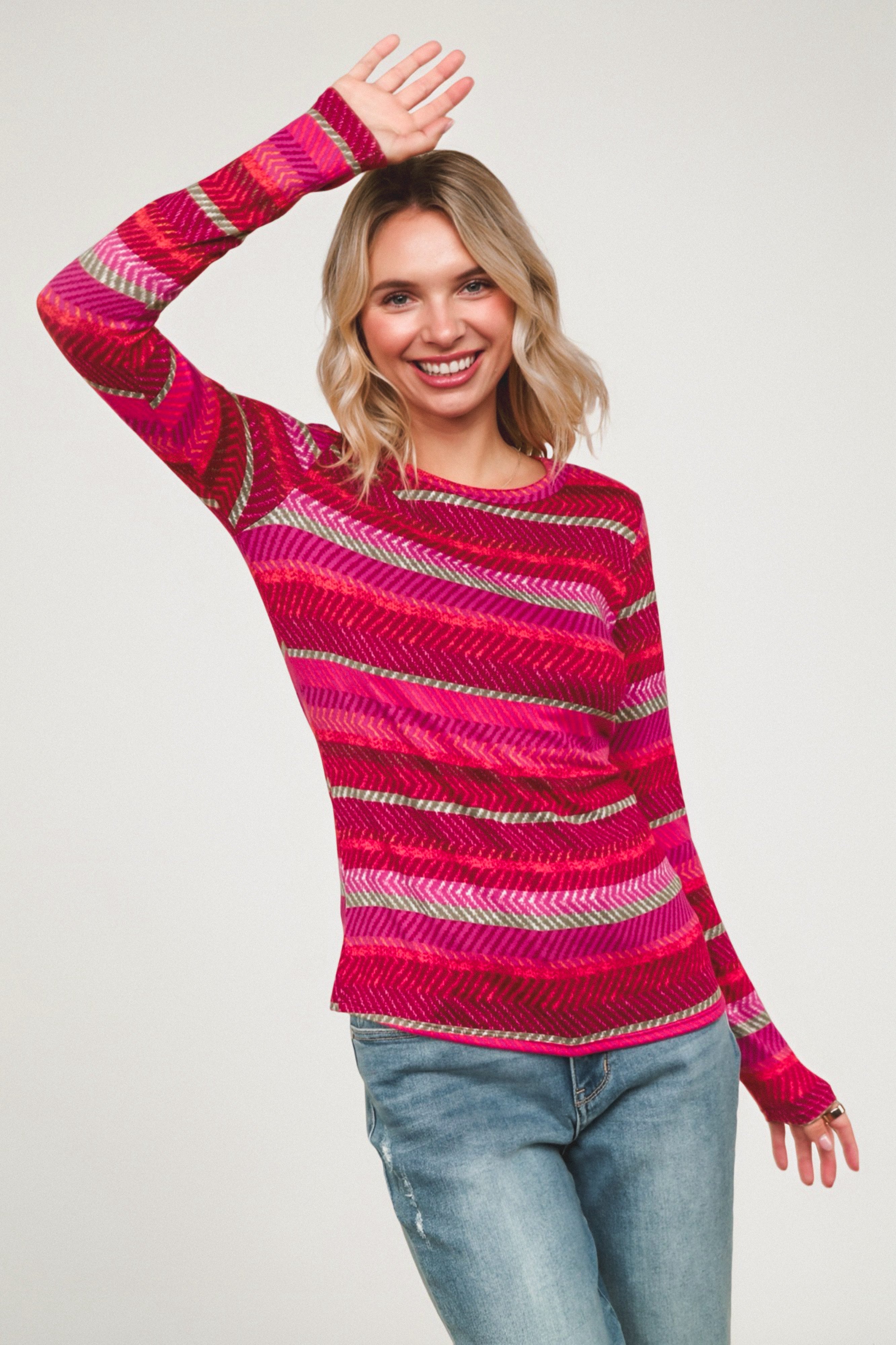 Keep Me Guessing Herringbone Long Sleeve • Magenta