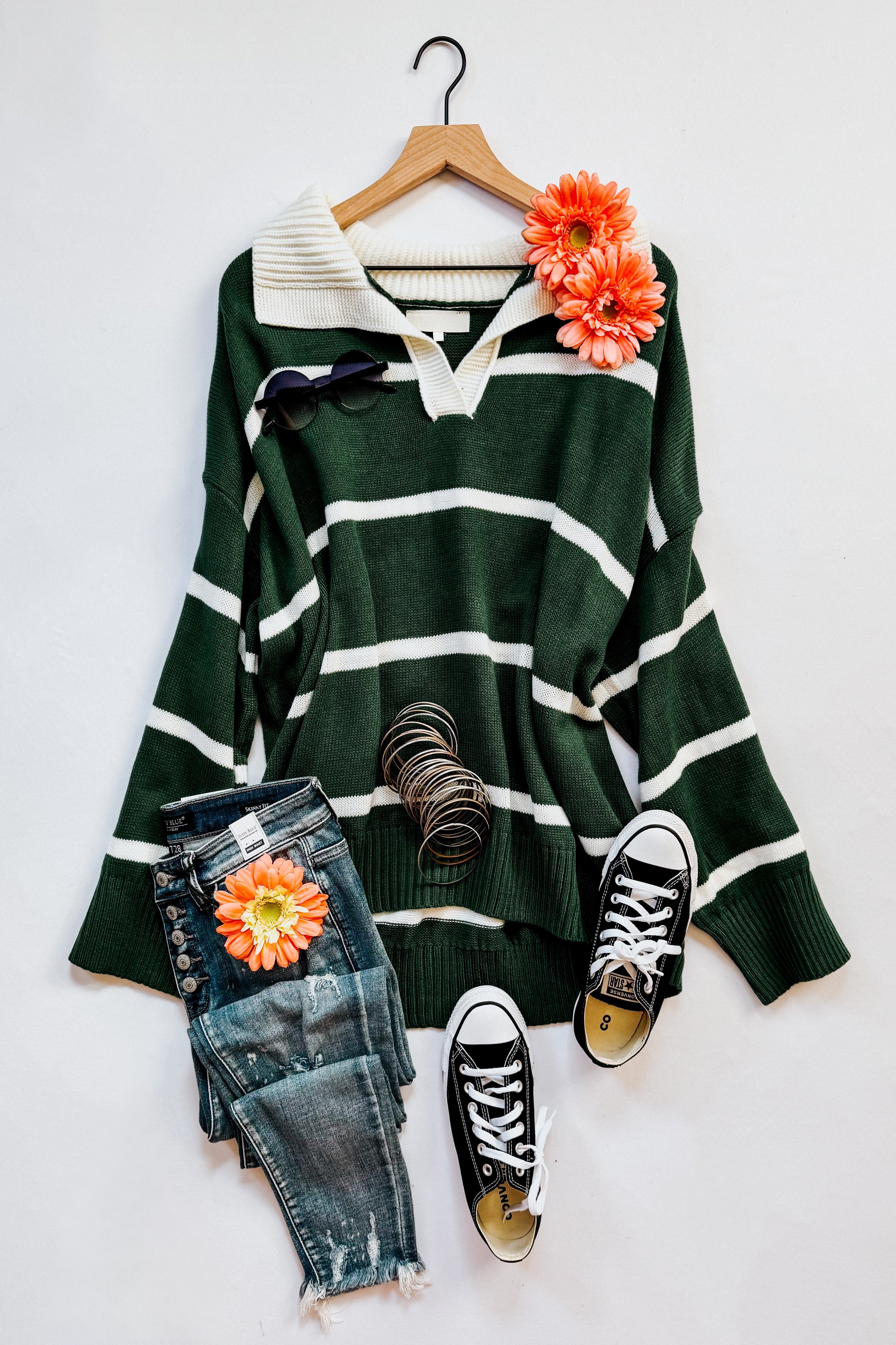 Makes You Wonder Striped Collared Sweater • Green