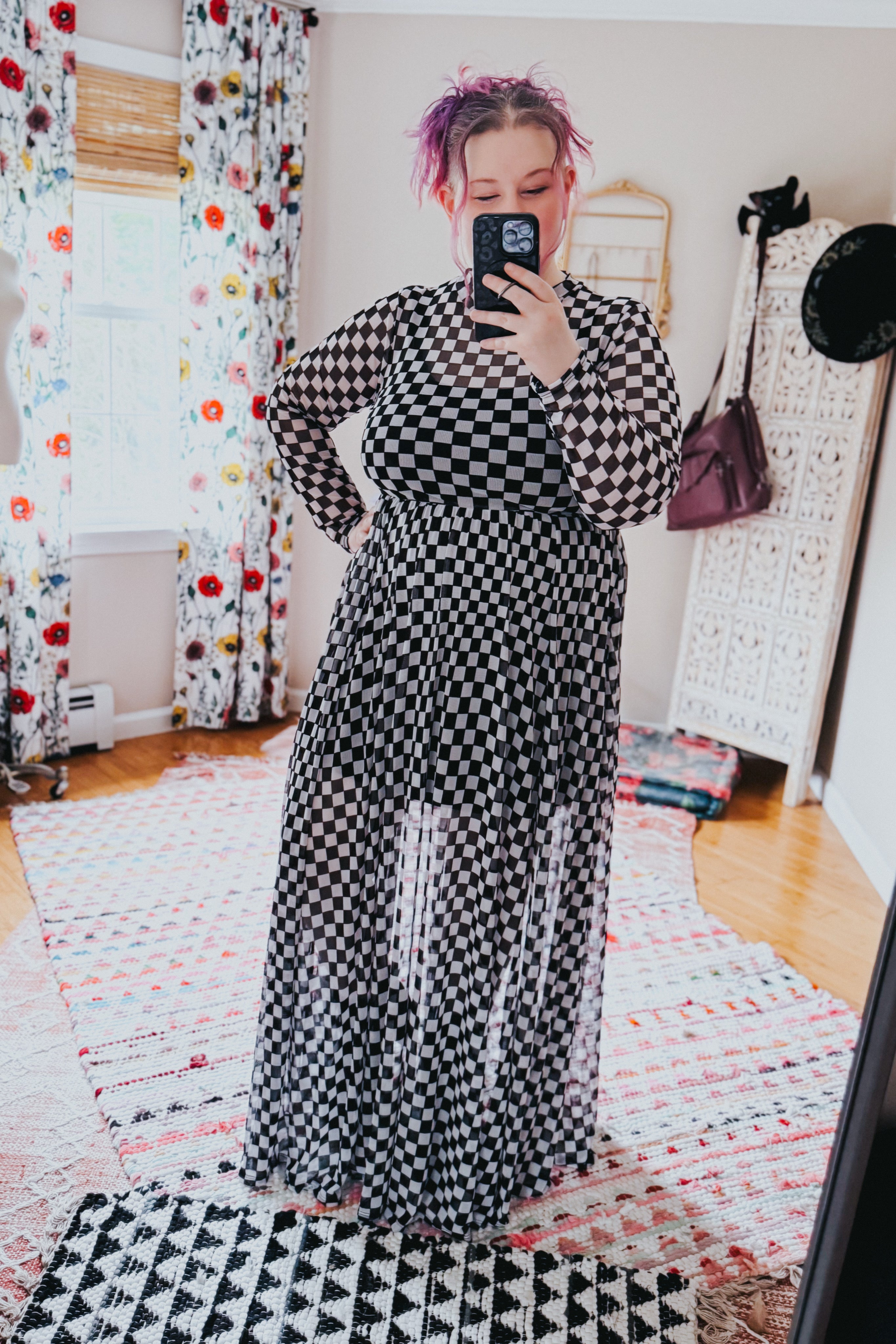 No Compromise Long Sleeve Checkered Print Mesh Maxi Dress
