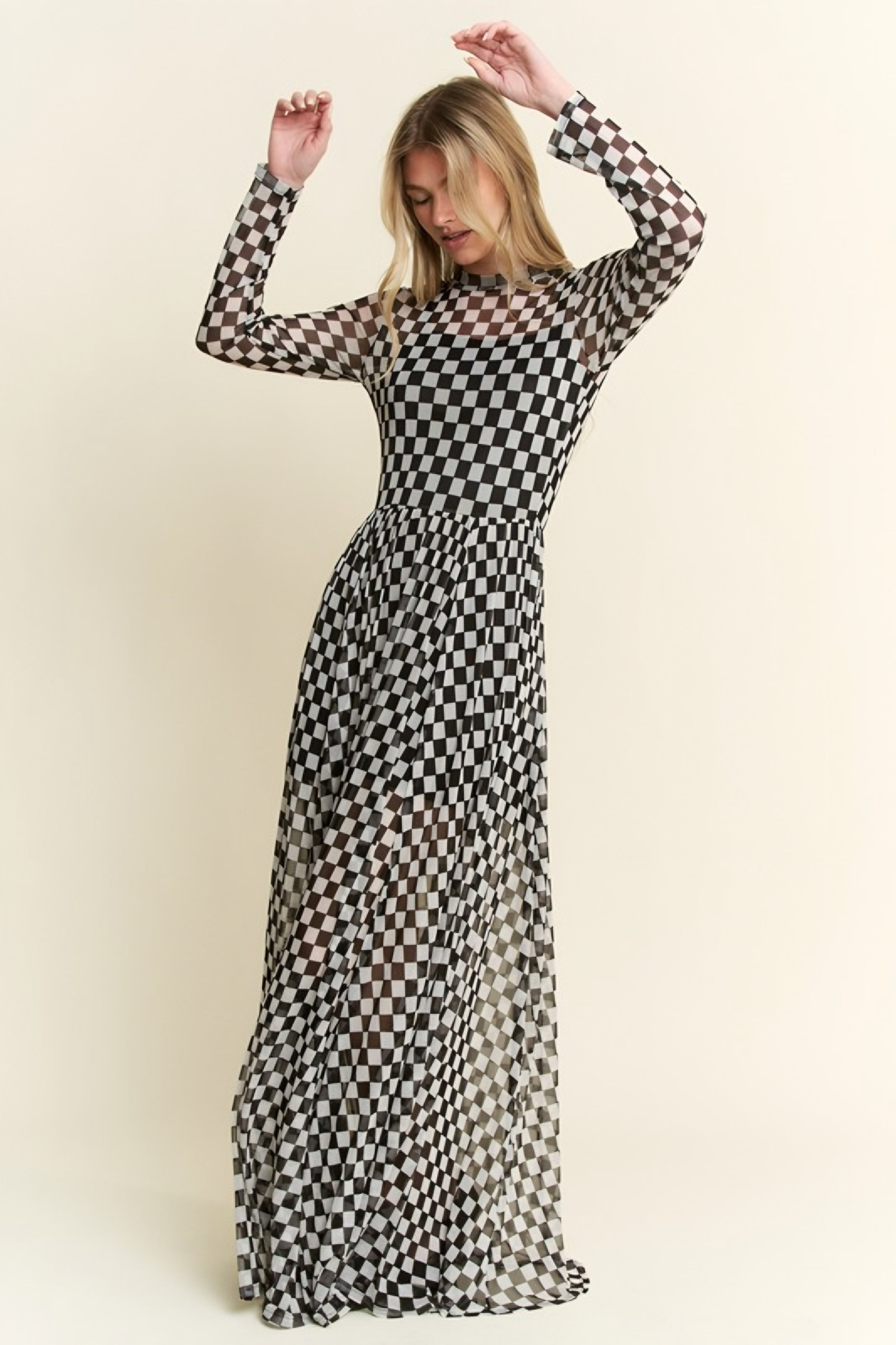 No Compromise Long Sleeve Checkered Print Mesh Maxi Dress