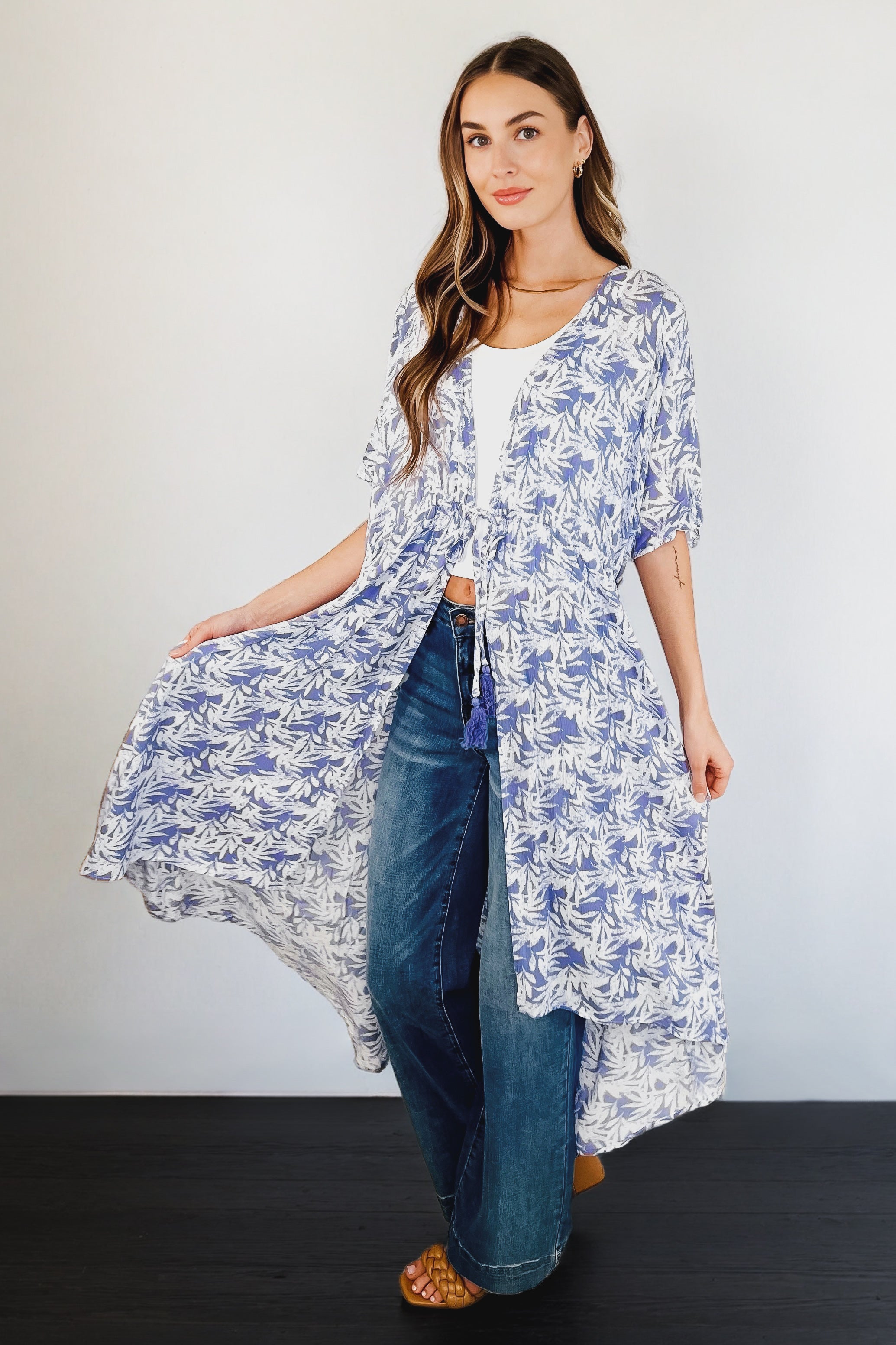 Tropical Print Gauze Swim Layering Piece with Elastic Waist Tie • Periwinkle