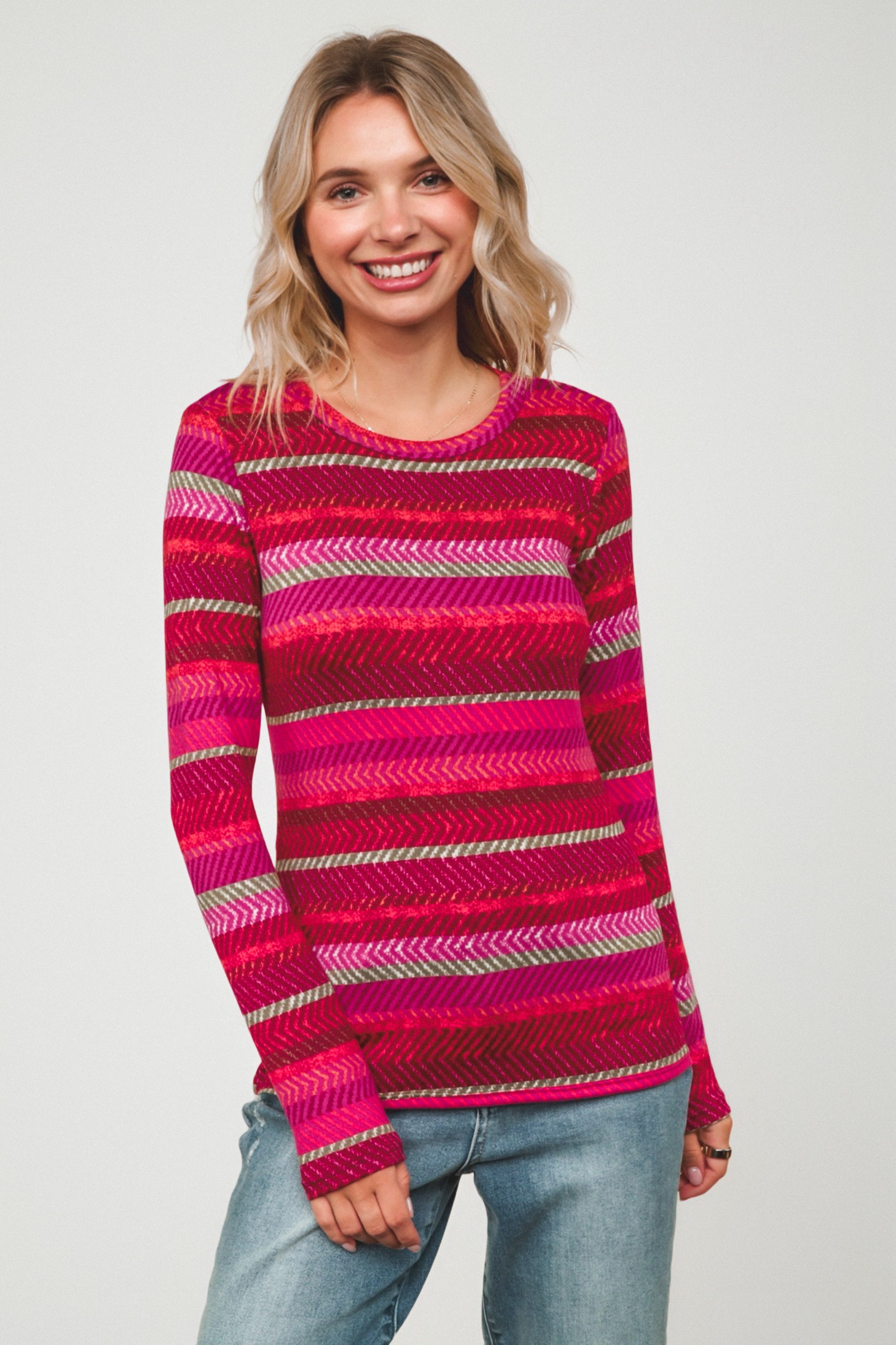 Keep Me Guessing Herringbone Long Sleeve • Magenta