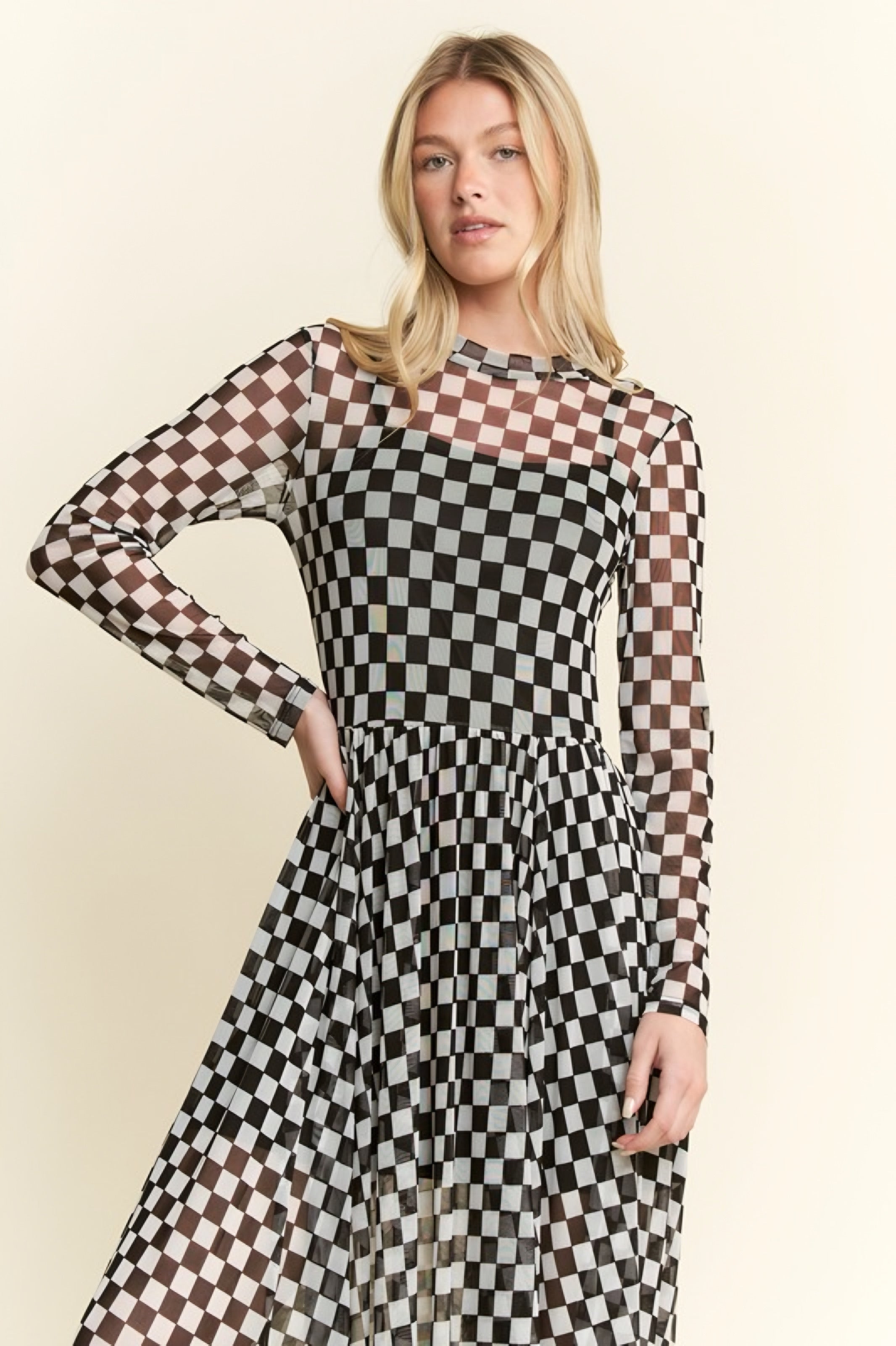 No Compromise Long Sleeve Checkered Print Mesh Maxi Dress
