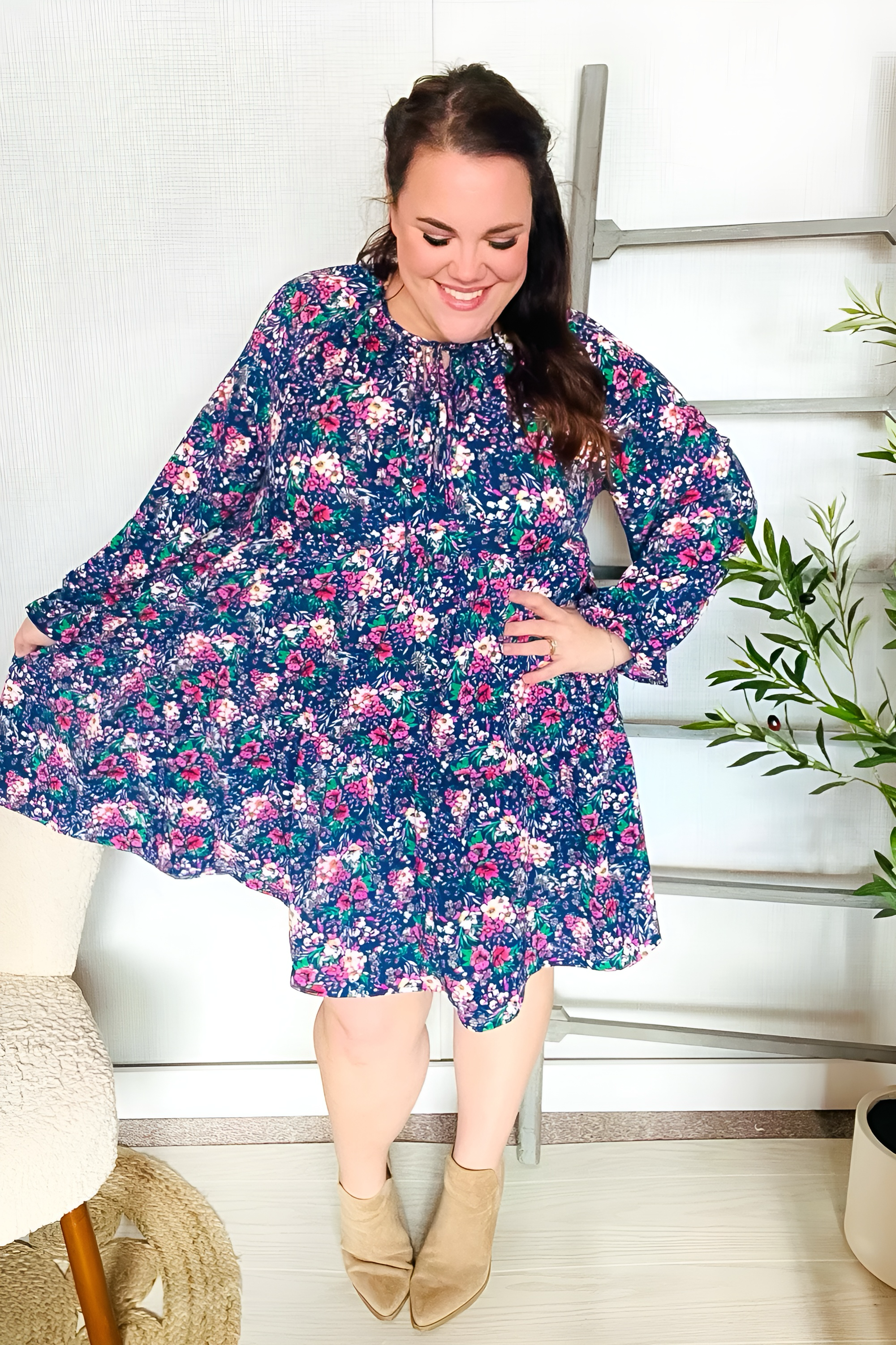 Back In Town Floral Bow Tie Babydoll Ruffle Sleeve Dress