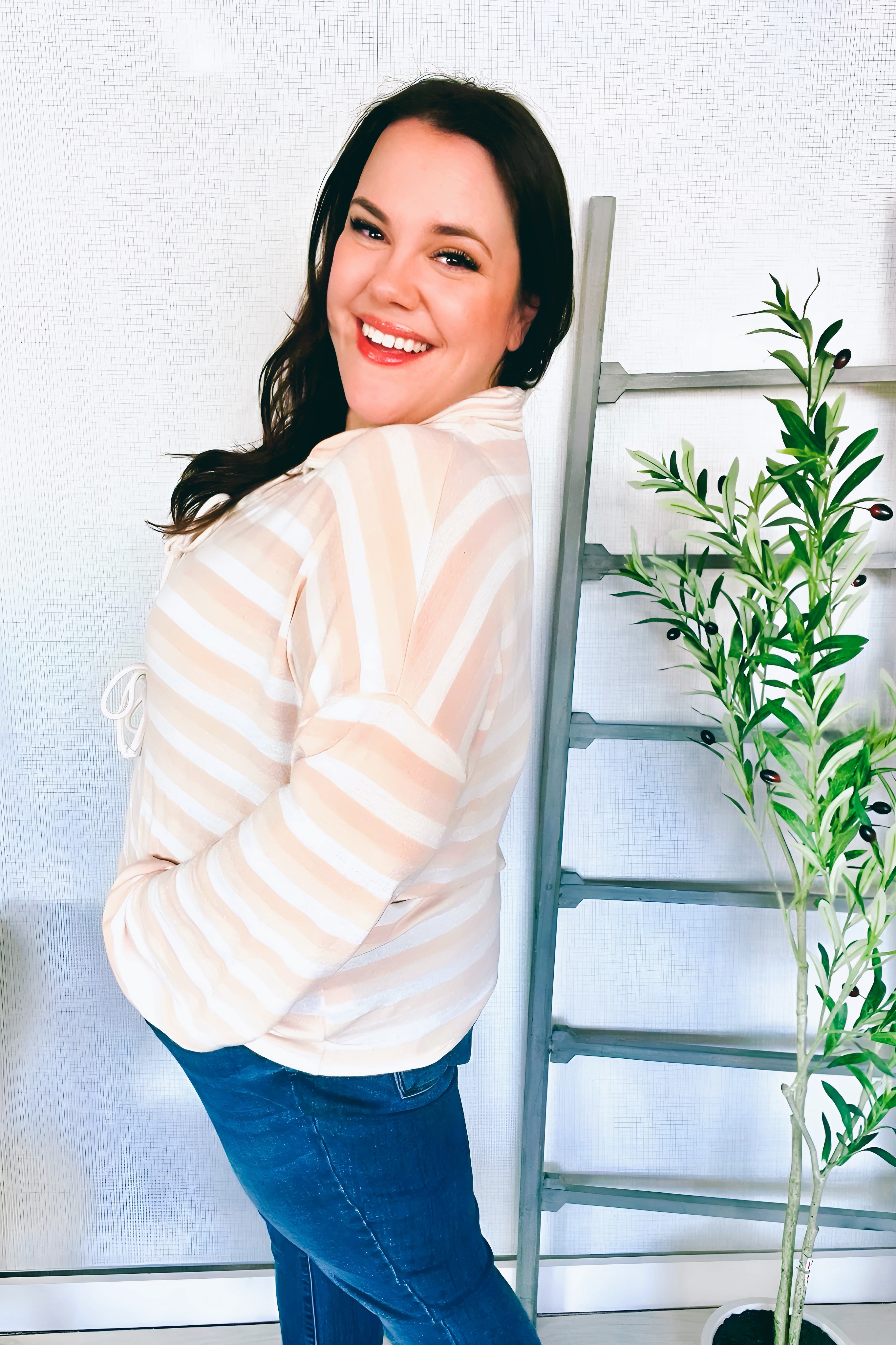 What You Say Striped Bow Tie Terry Top • Beige