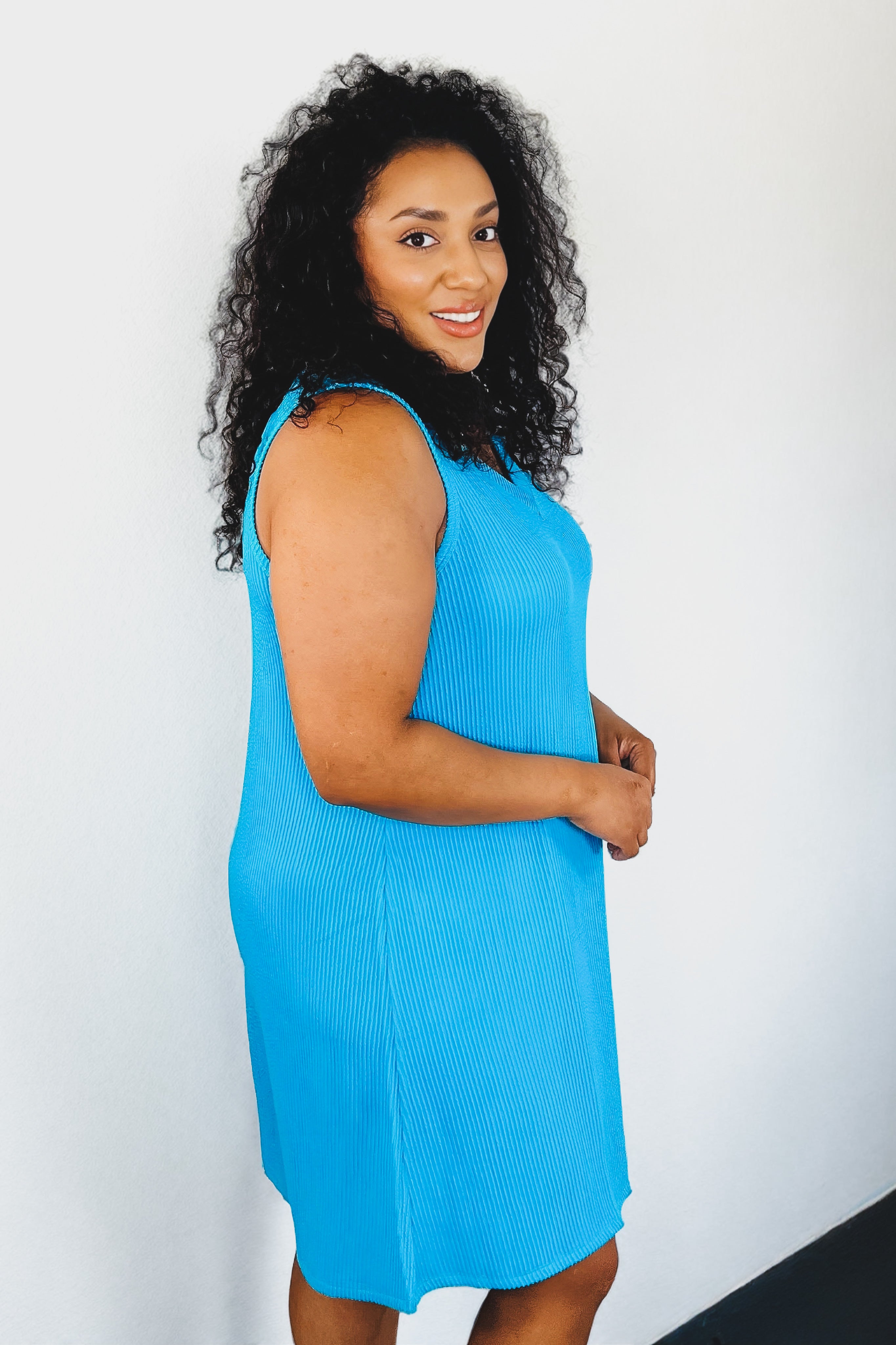 The Power I Hold V-Neck Ribbed Knit Dress • Aqua Glow