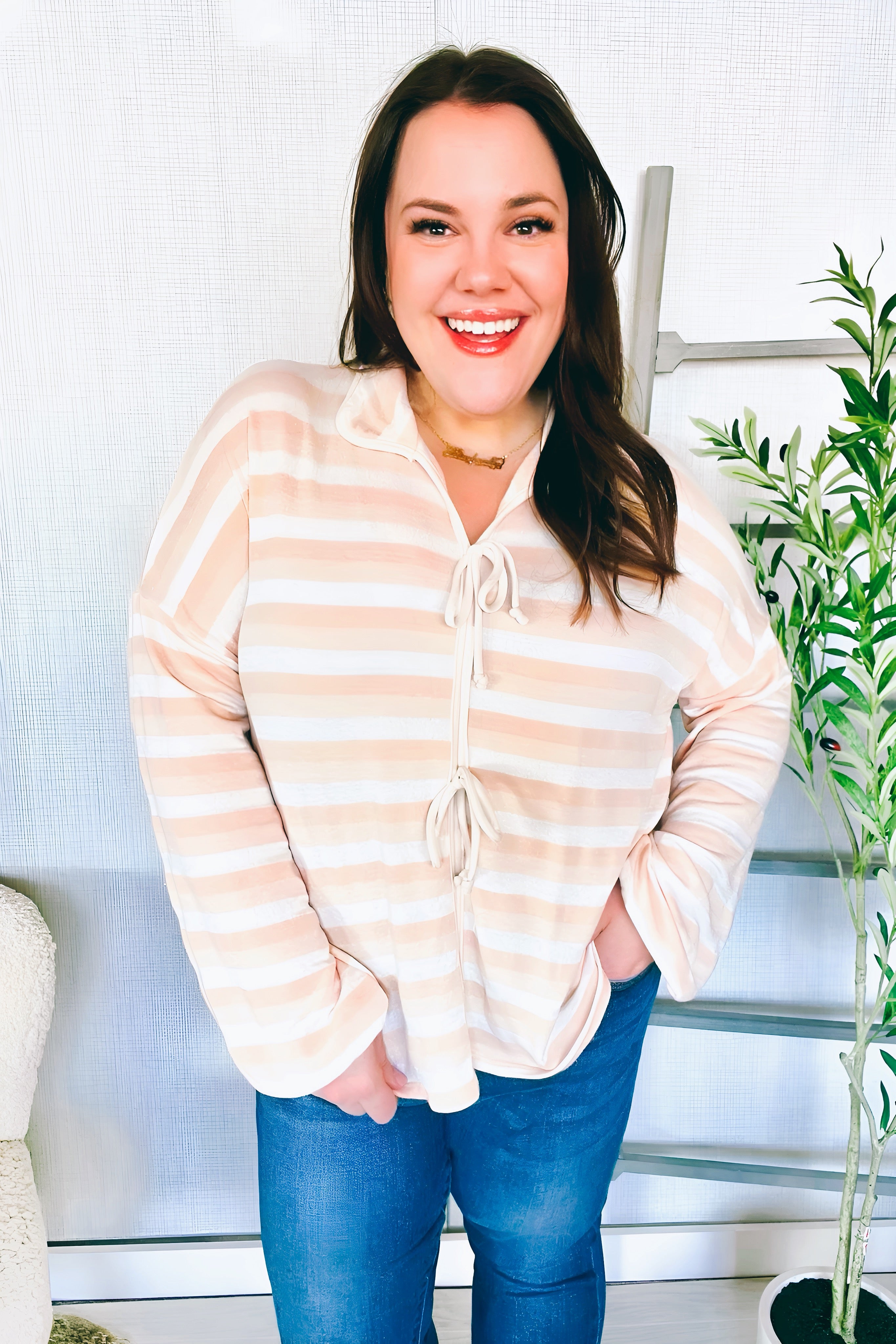What You Say Striped Bow Tie Terry Top • Beige