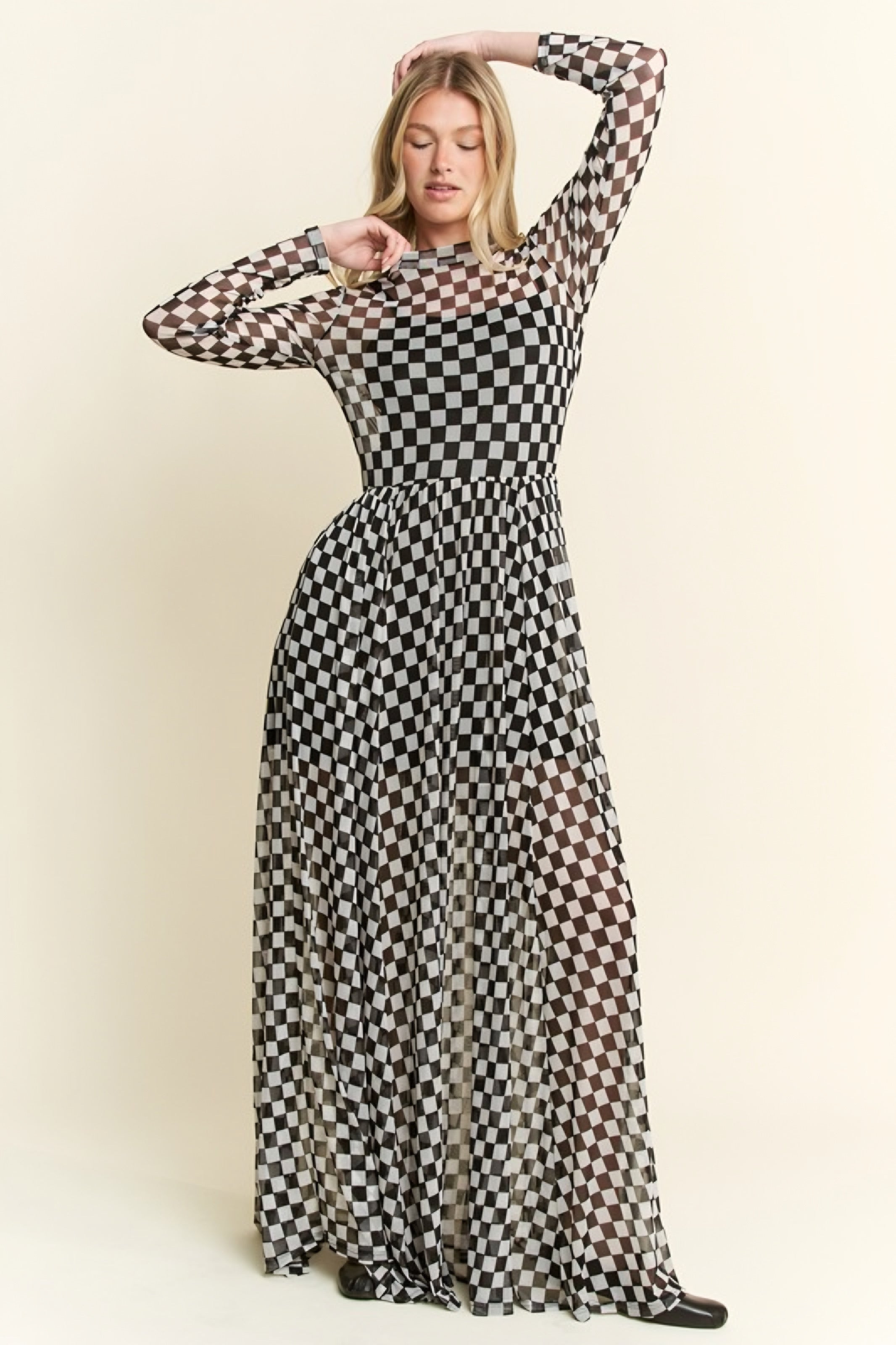 No Compromise Long Sleeve Checkered Print Mesh Maxi Dress