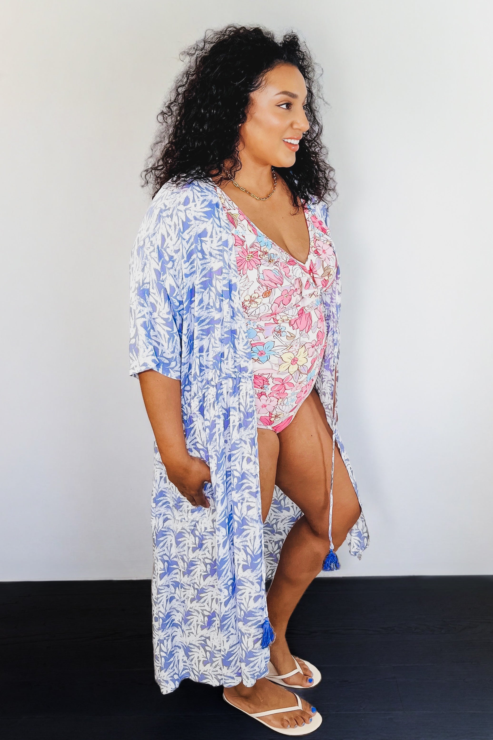 Tropical Print Gauze Swim Layering Piece with Elastic Waist Tie • Periwinkle