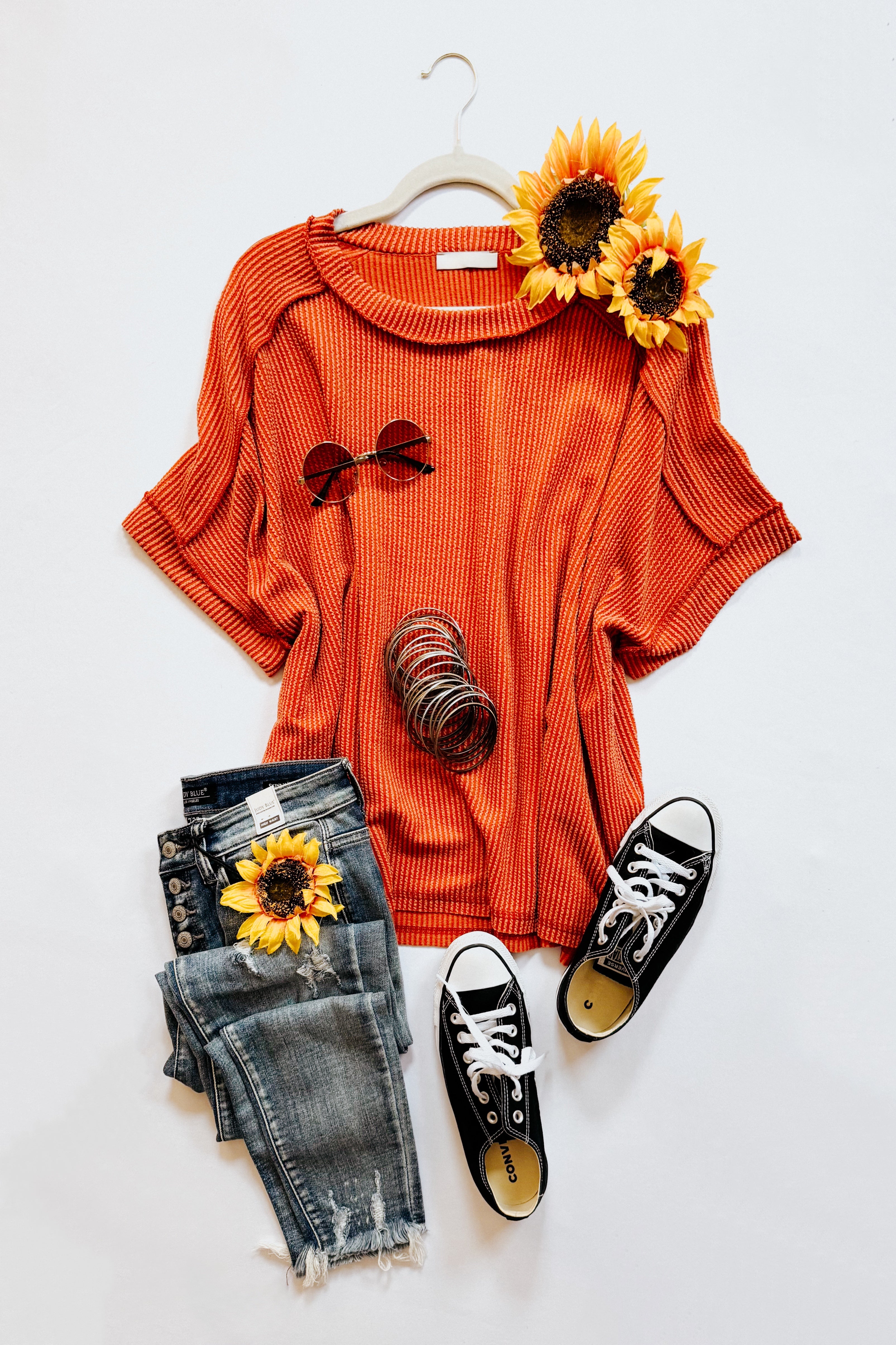 Catch Me Loungin’ Cable Ribbed Knit Top • Burnt Orange