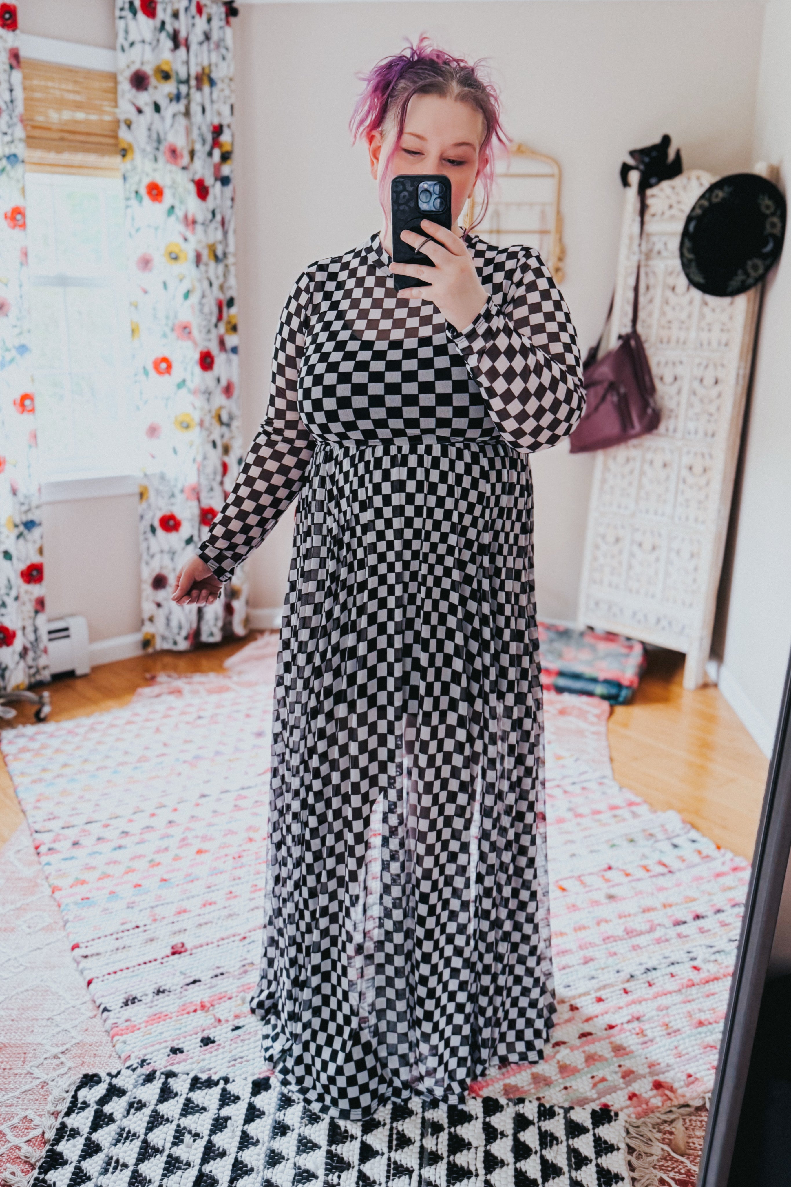 No Compromise Long Sleeve Checkered Print Mesh Maxi Dress