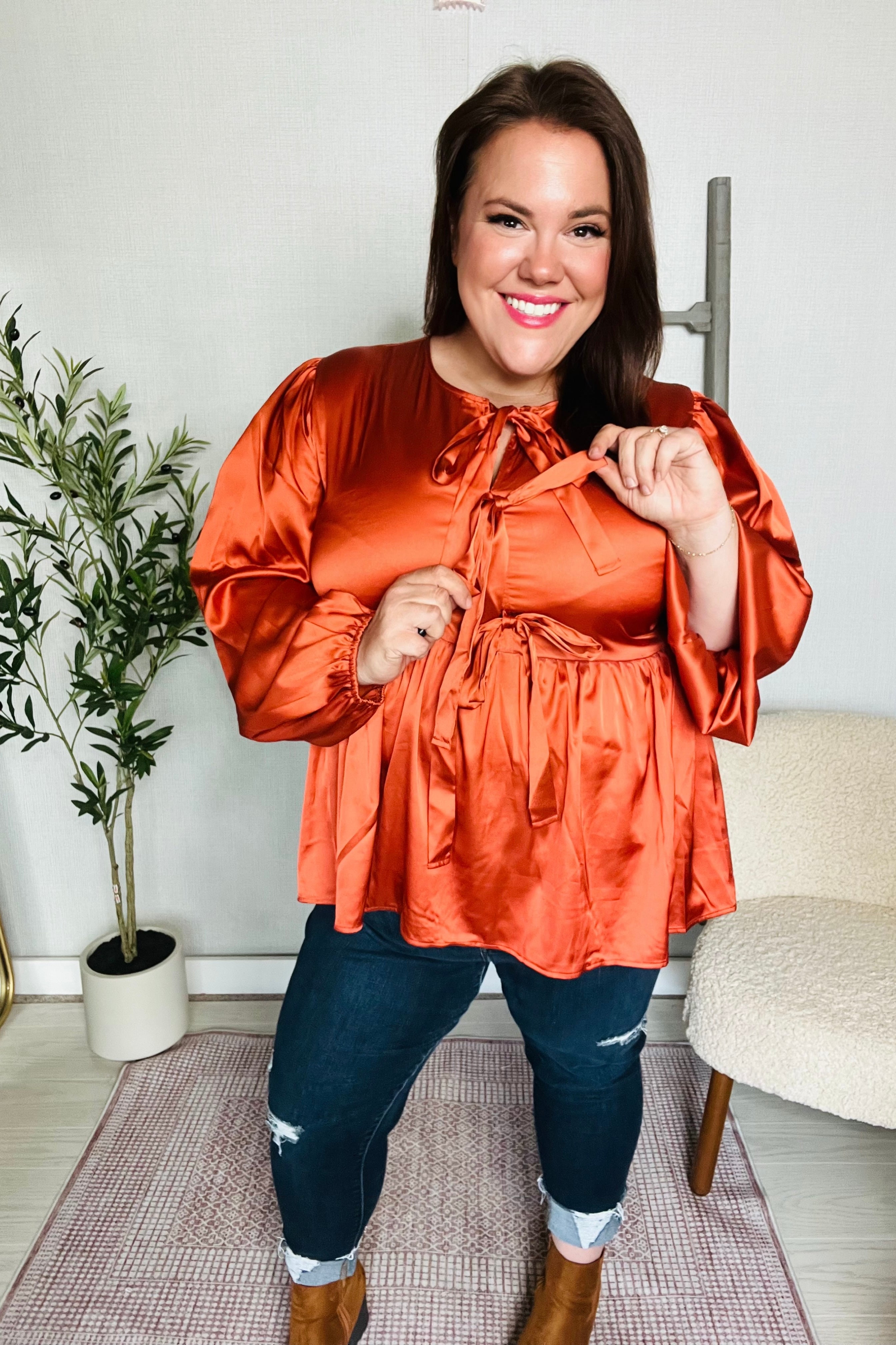 Tied Up in Style Ribbon Blouse • Rust