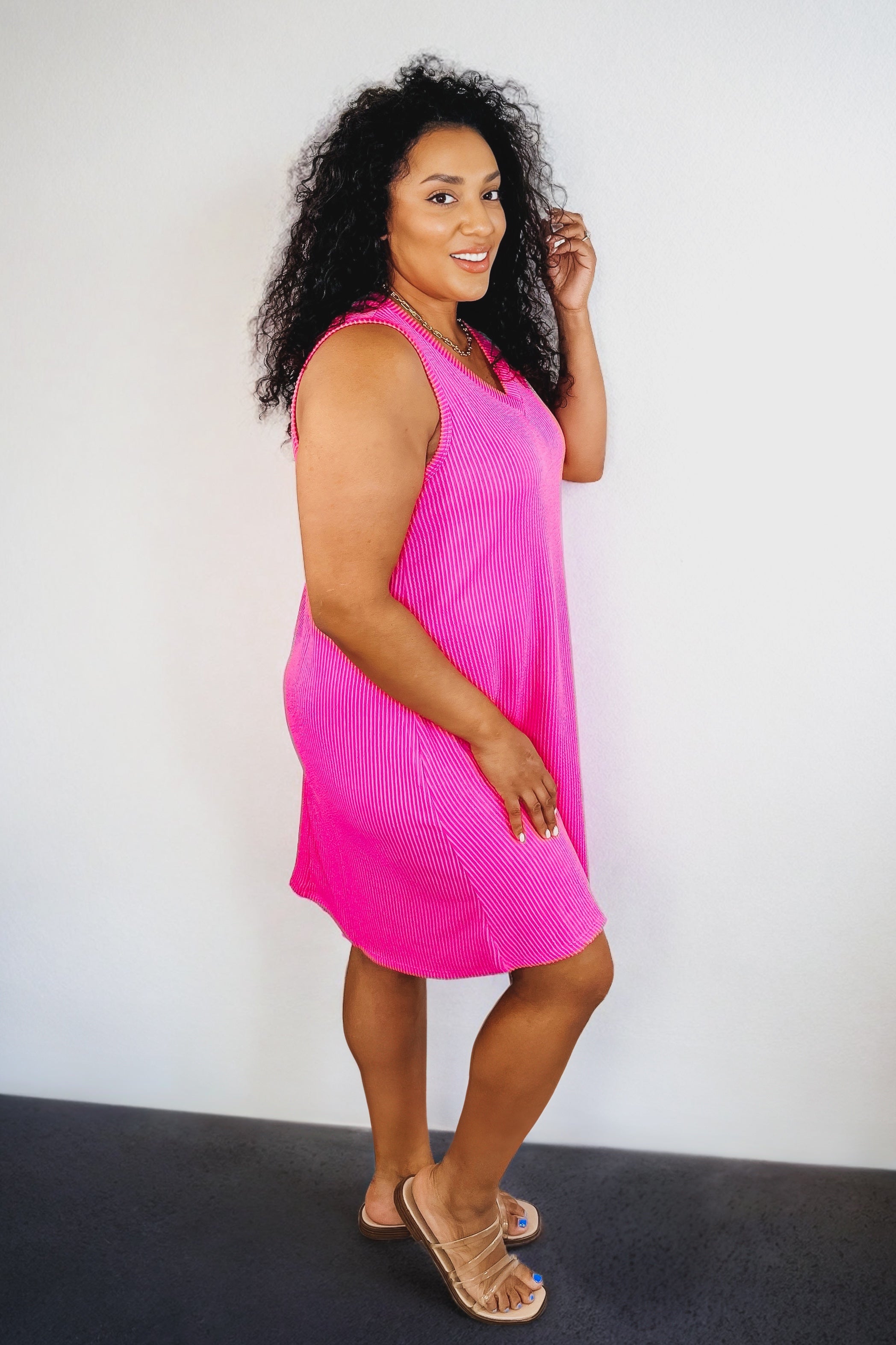 The Power I Hold V-Neck Ribbed Knit Dress • Fuchsia