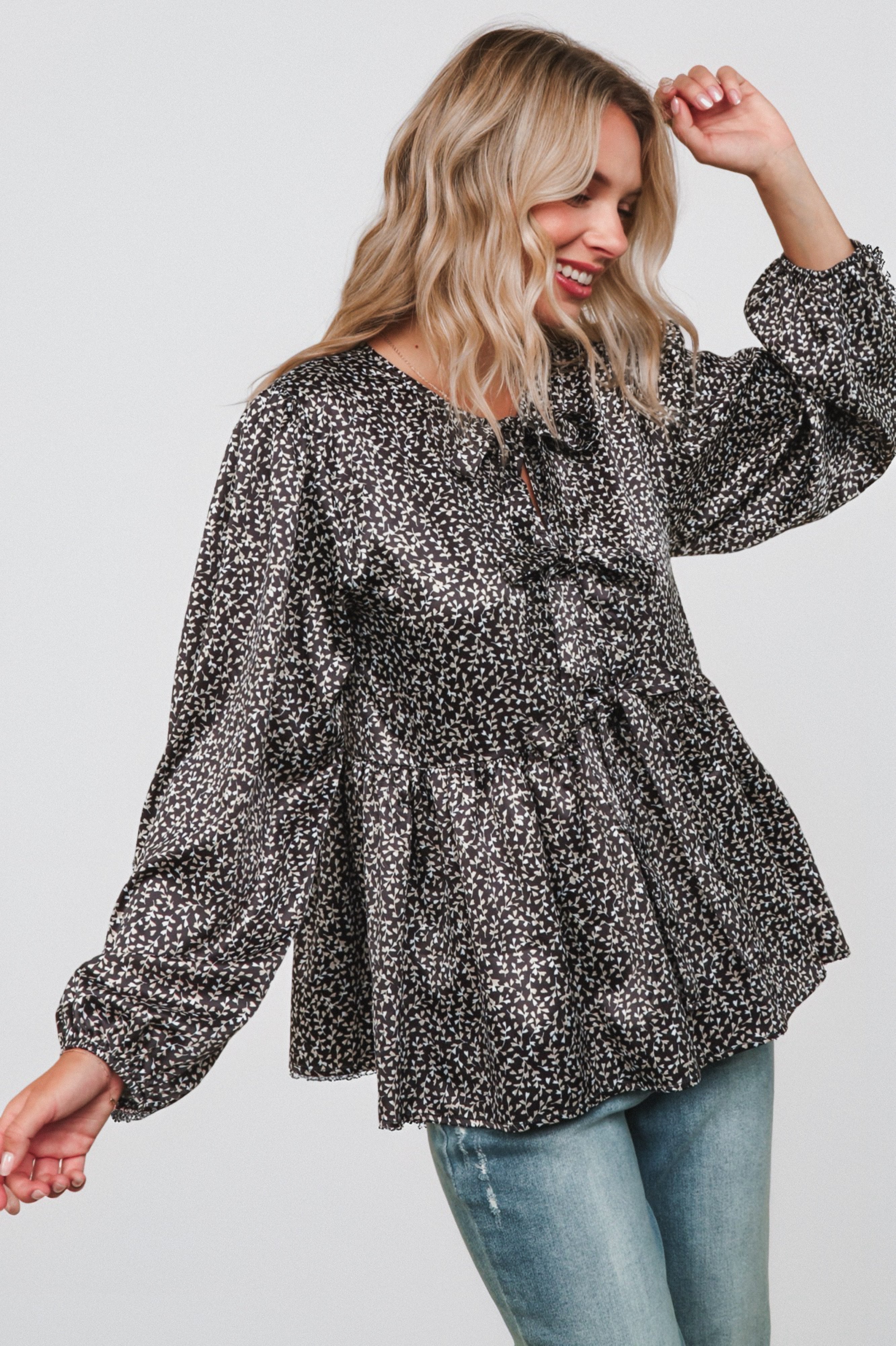 Midnight Petal Bowtie Blouse