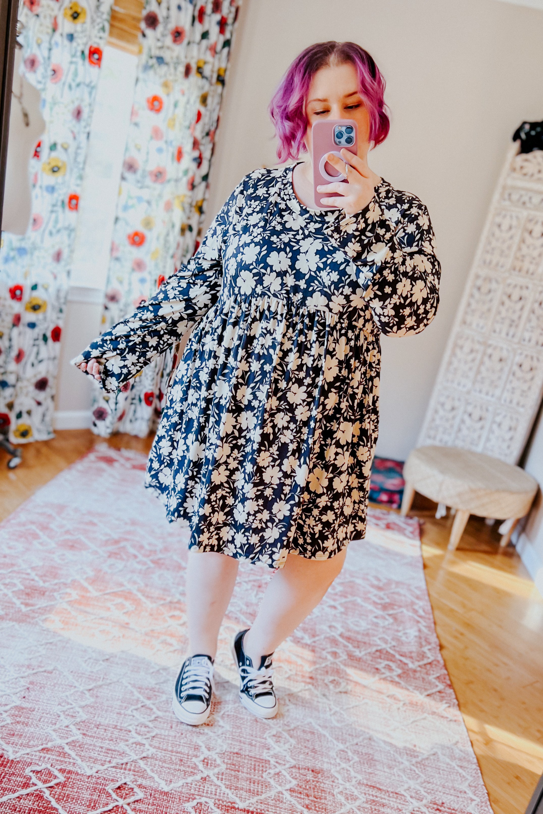 Just Be You Floral Long Sleeve Babydoll Dress • Charcoal Blue