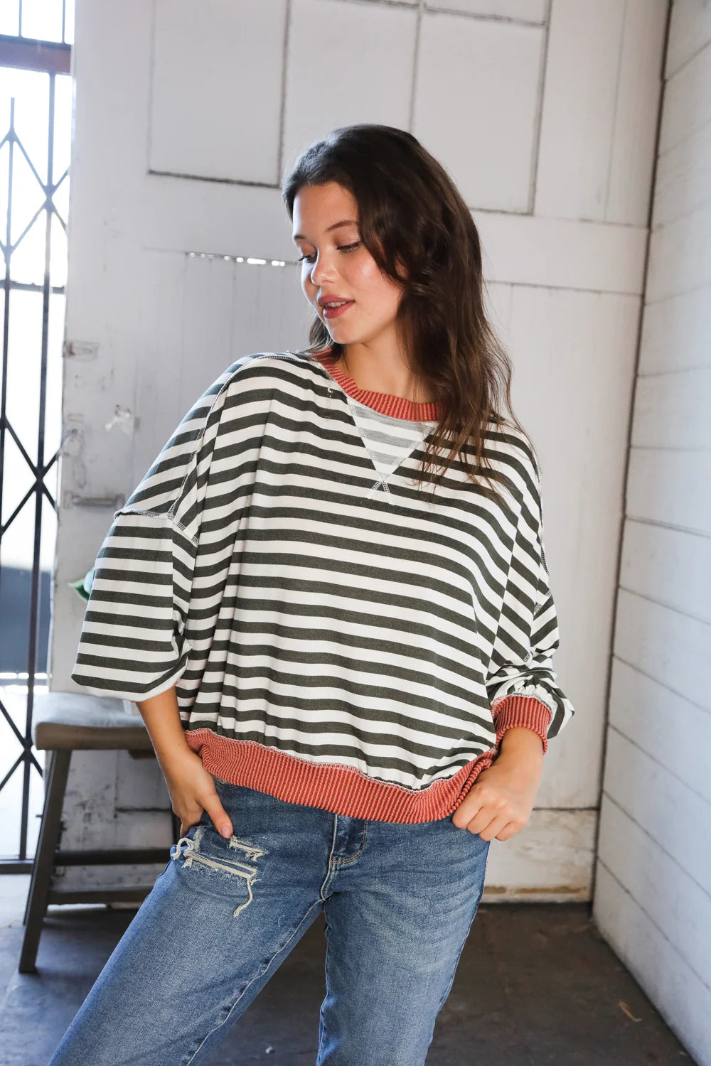 A Striped Story Crew Neck Pullover • Rust