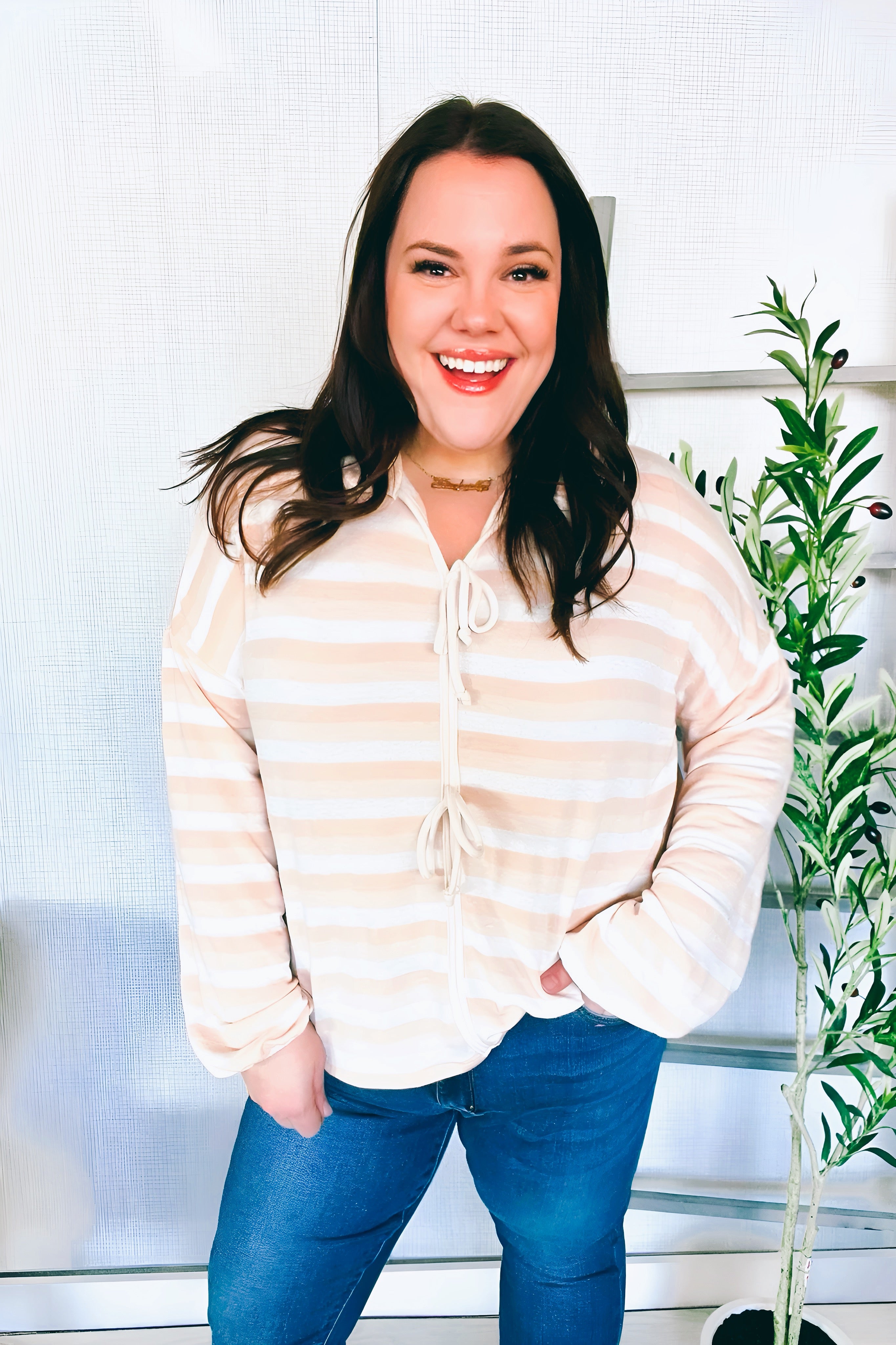 What You Say Striped Bow Tie Terry Top • Beige