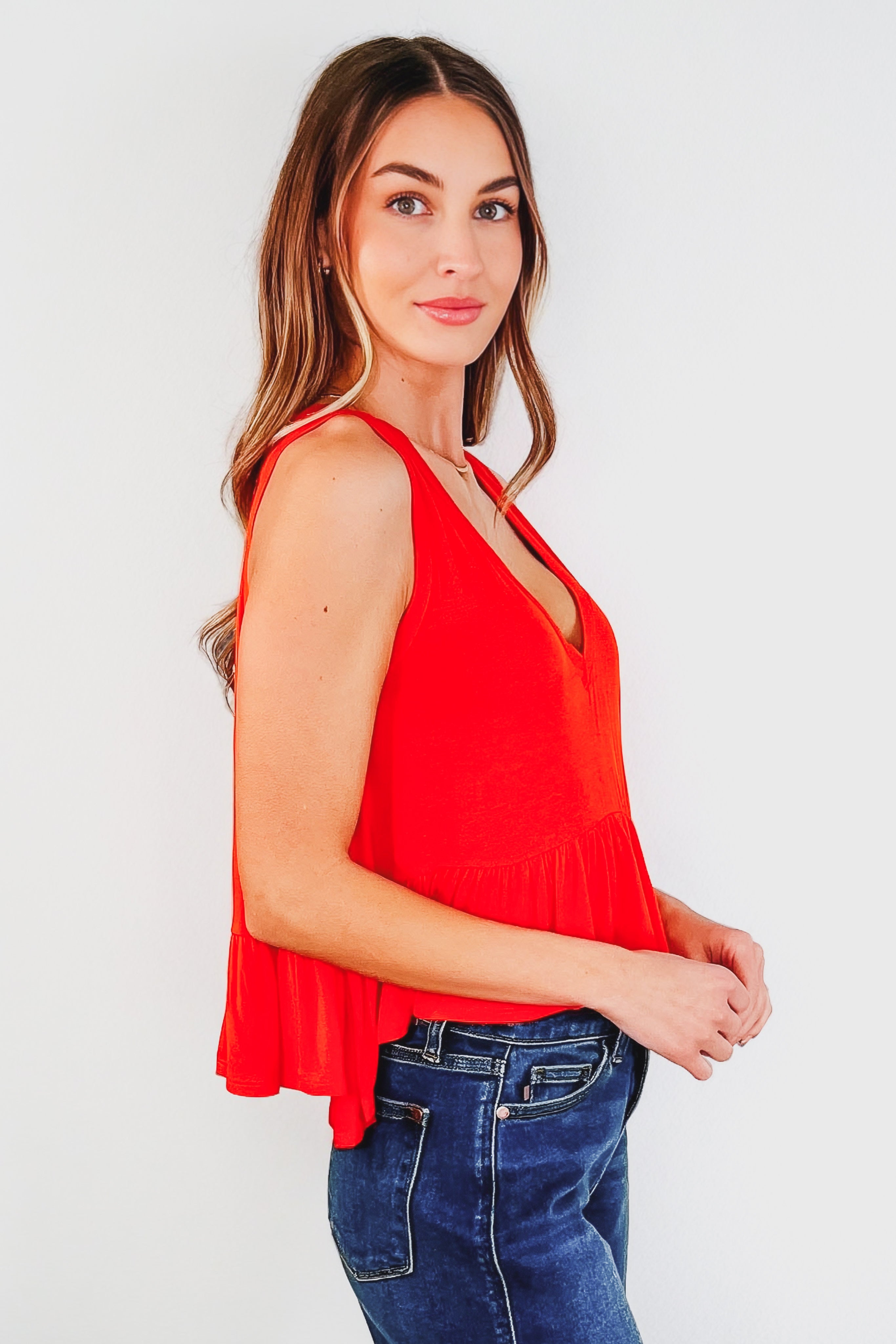 V-Neck Ruffled Peplum • Spicy Orange
