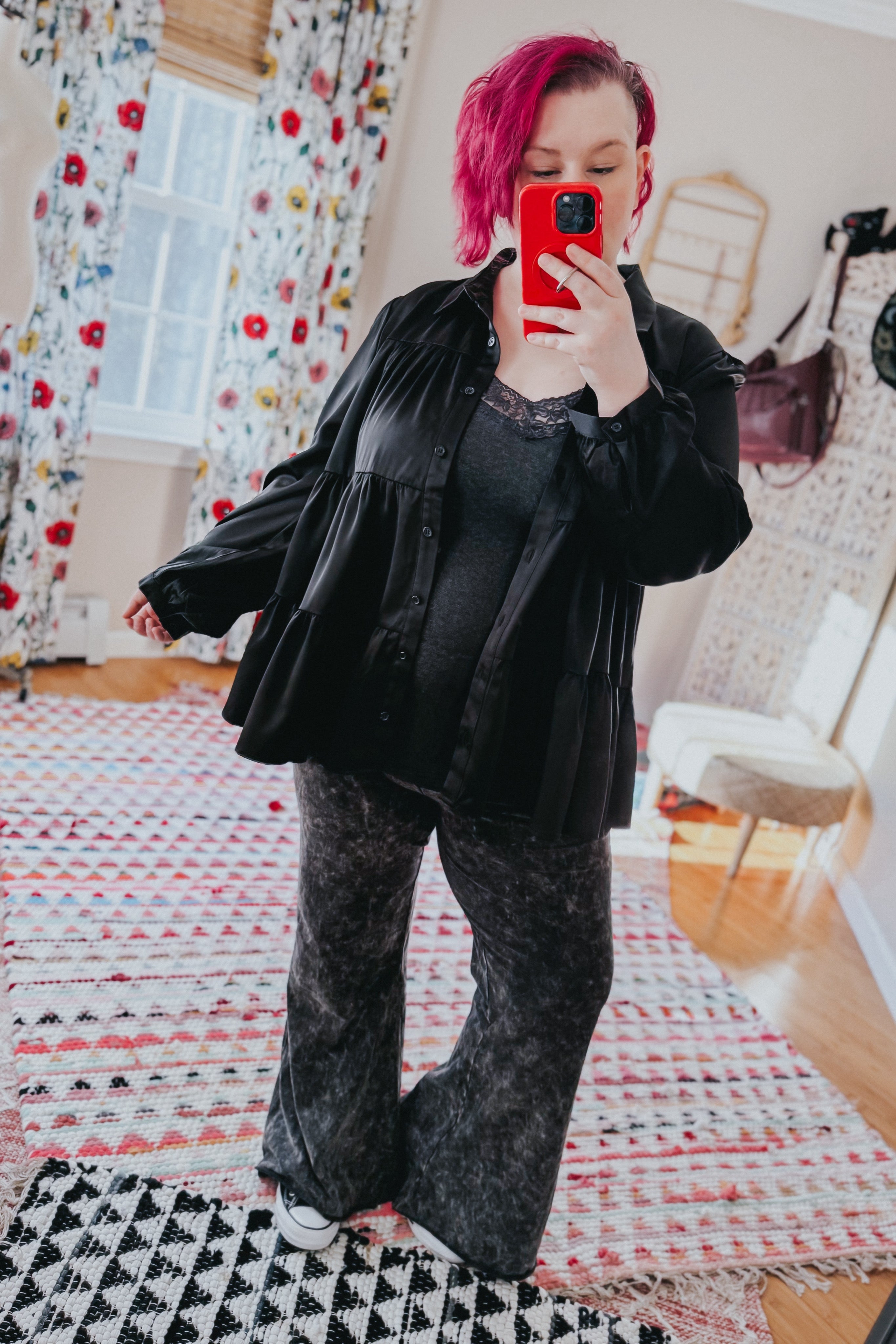 Need You Now Button Down Tiered Babydoll Satin Top • Black