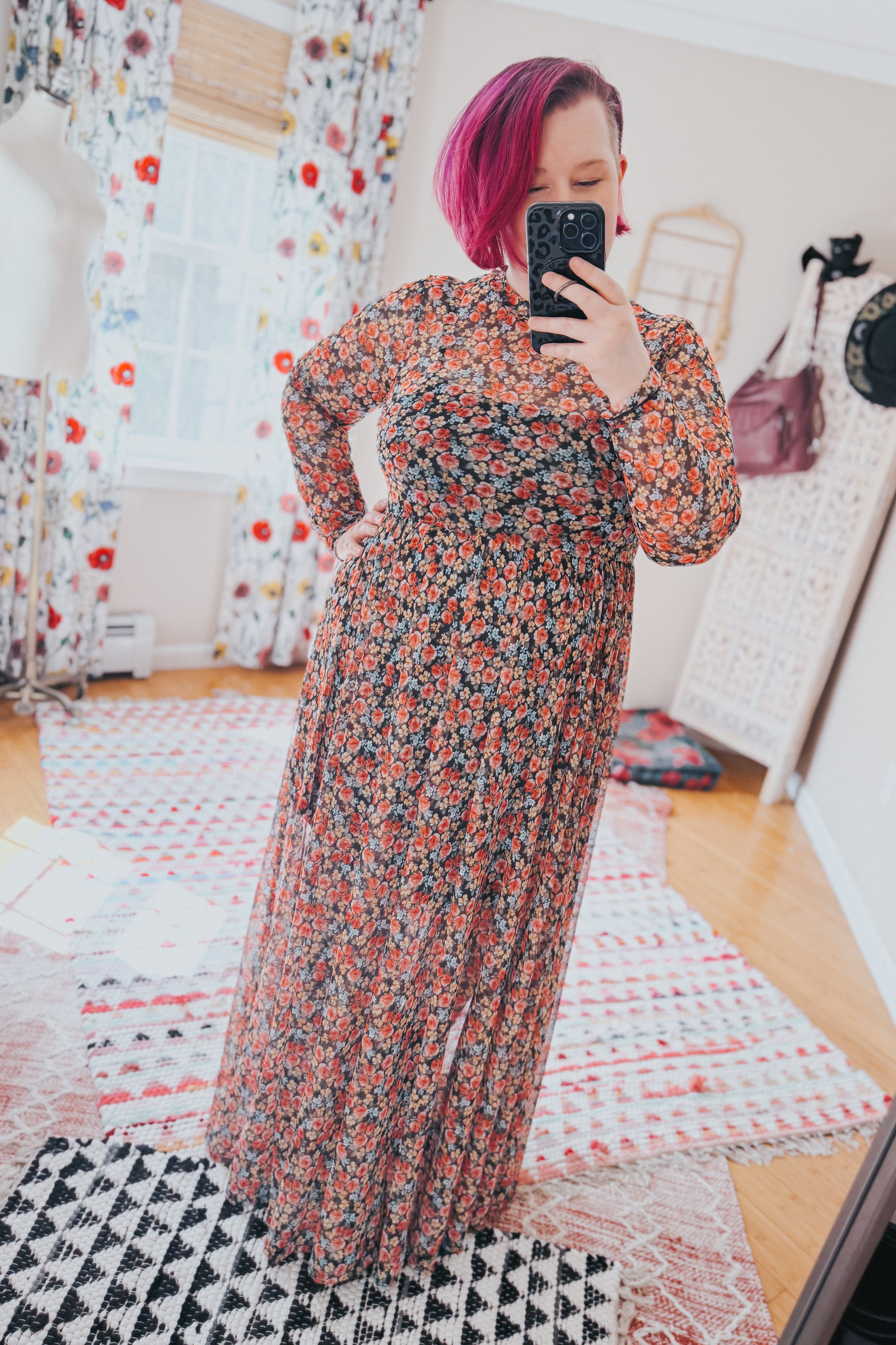 Full Bloom Long Sleeve Floral Print Mesh Maxi Dress