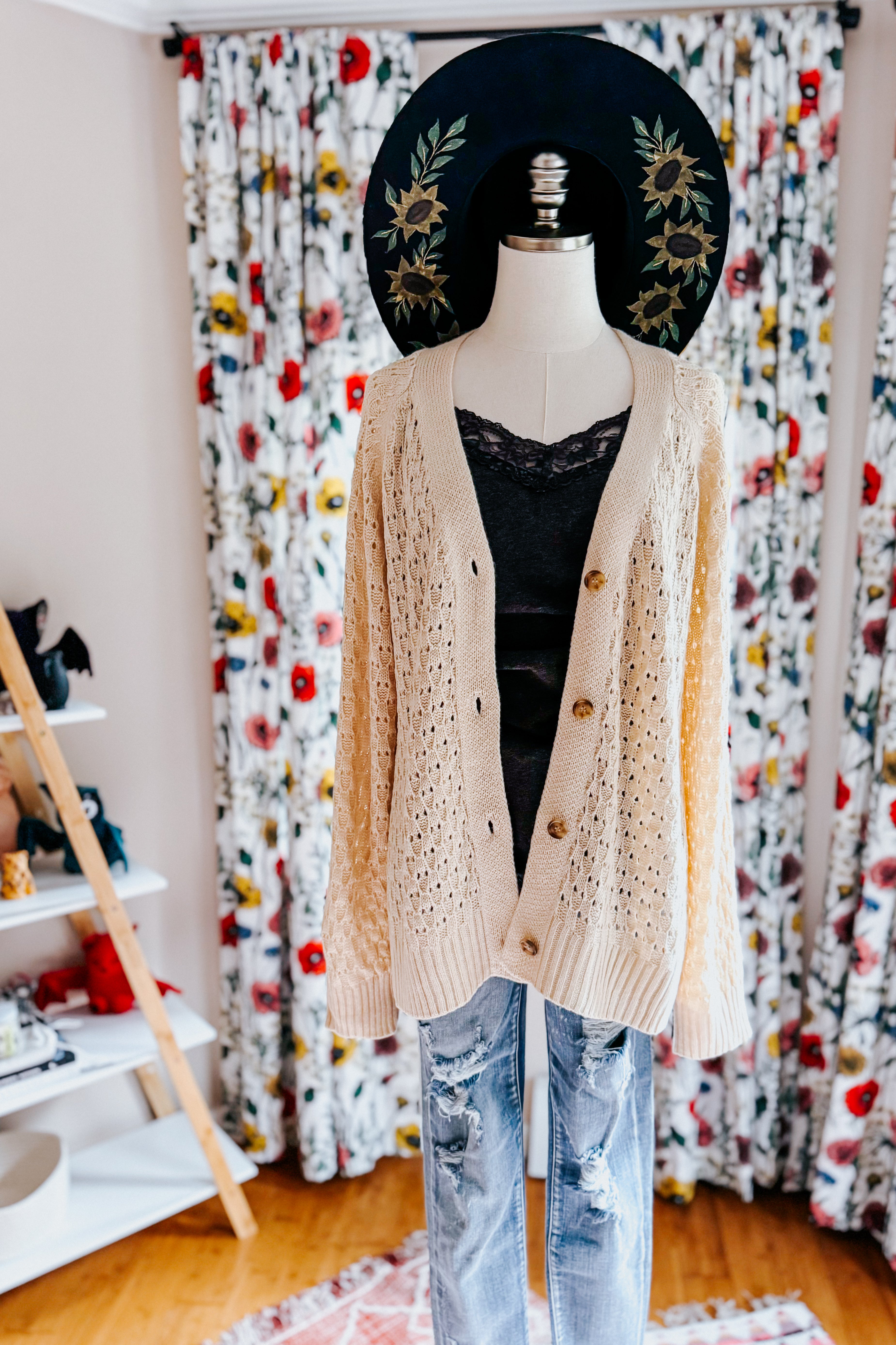 Wallflower Pointelle Knit Button Down Cardigan • Oatmeal