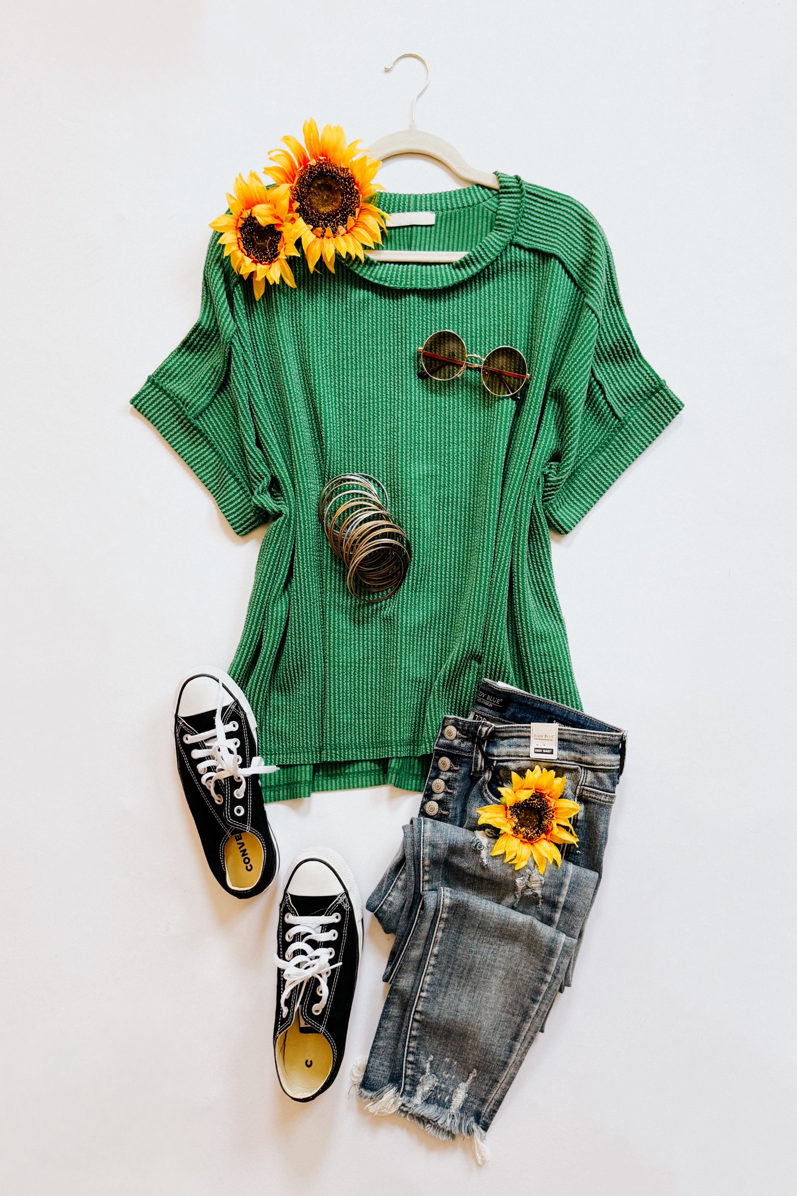 Catch Me Loungin’ Cable Ribbed Knit Top • Dark Green