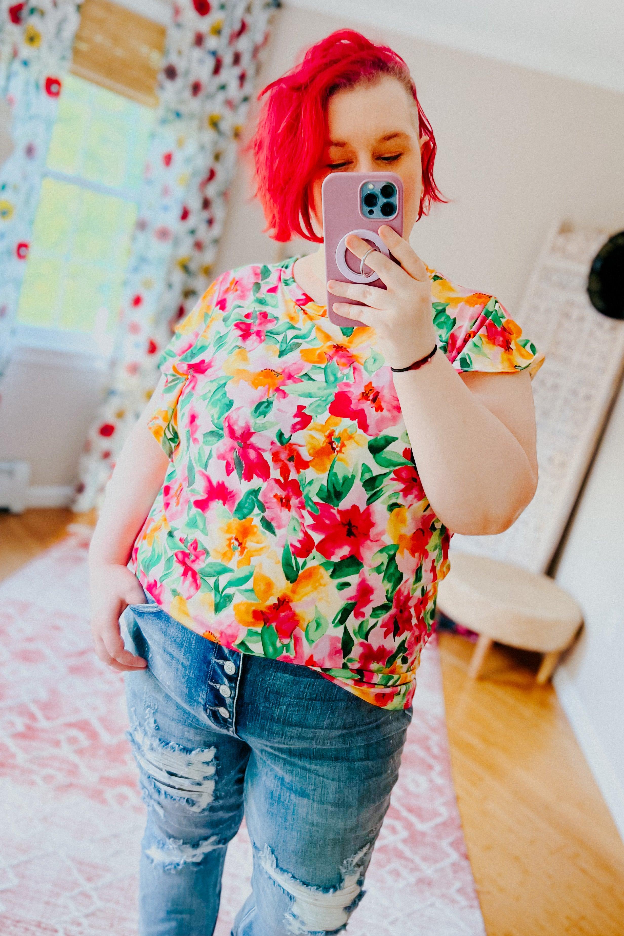 Vanessa Watercolor Floral Ruffle Sleeve Top - Atomic Wildflower