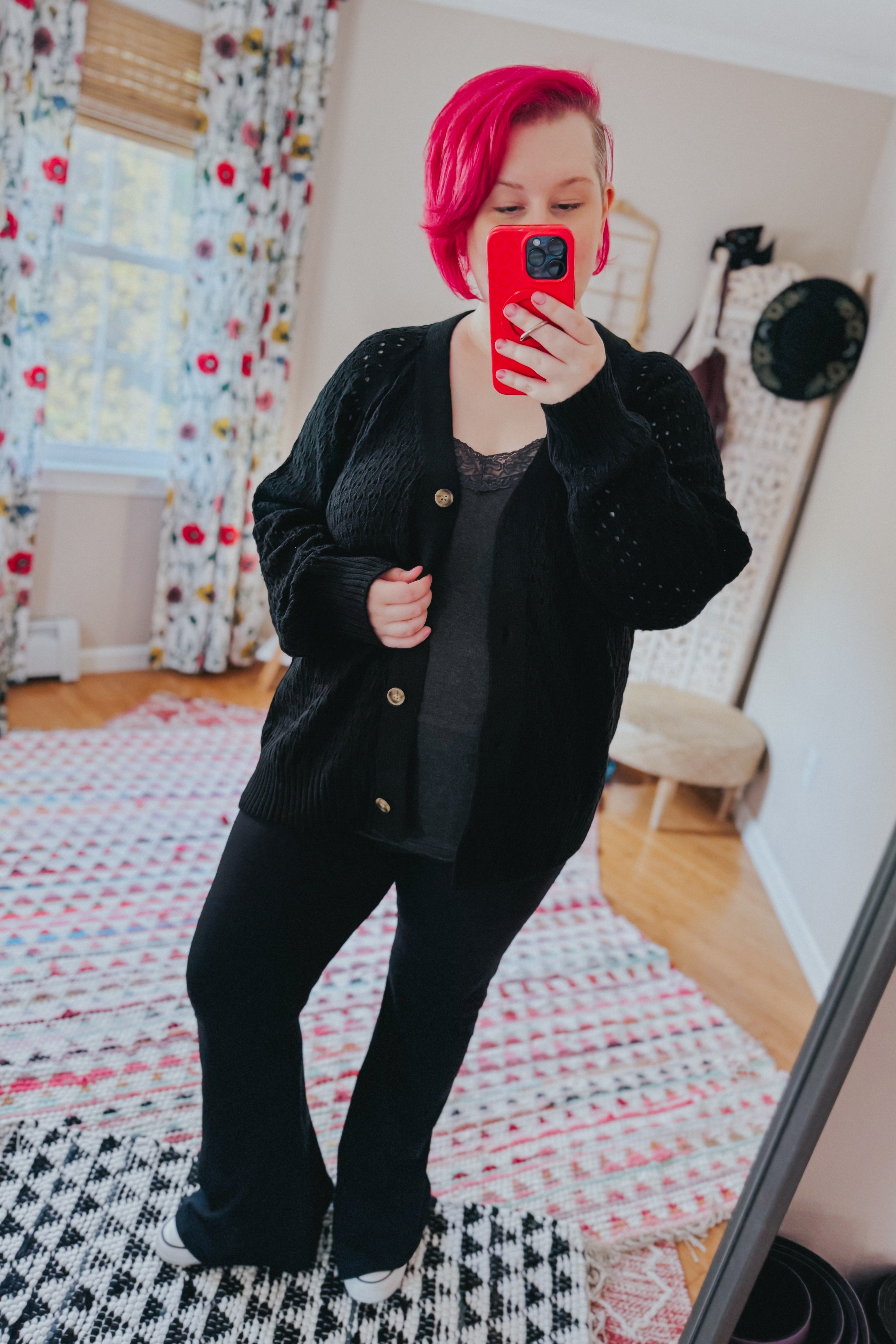 Wallflower Pointelle Knit Button Down Cardigan • Black