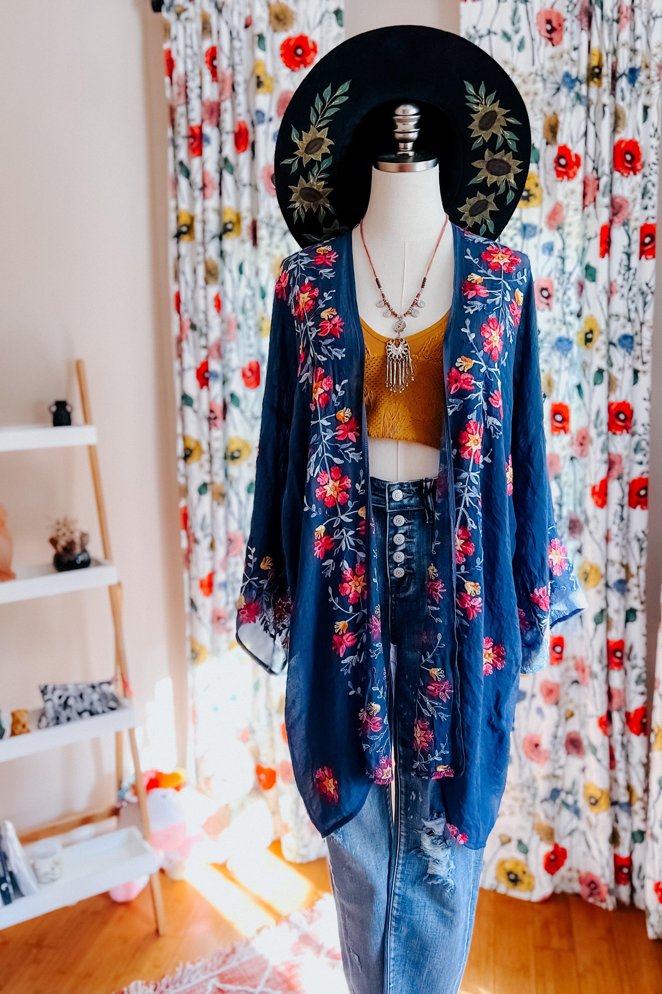 The Sweet Life Embroidered Kimono • Navy - Atomic Wildflower