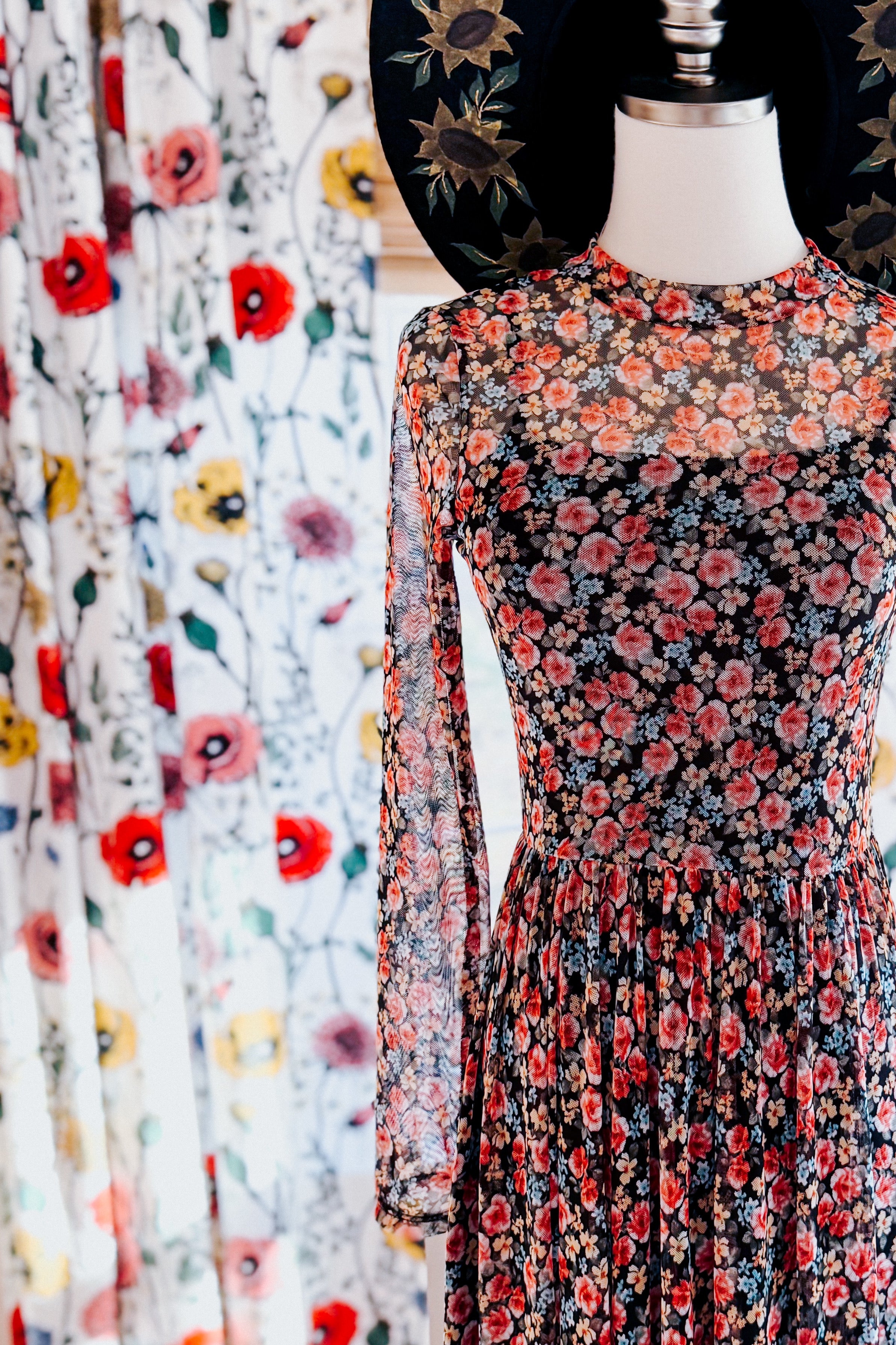 Full Bloom Long Sleeve Floral Print Mesh Maxi Dress