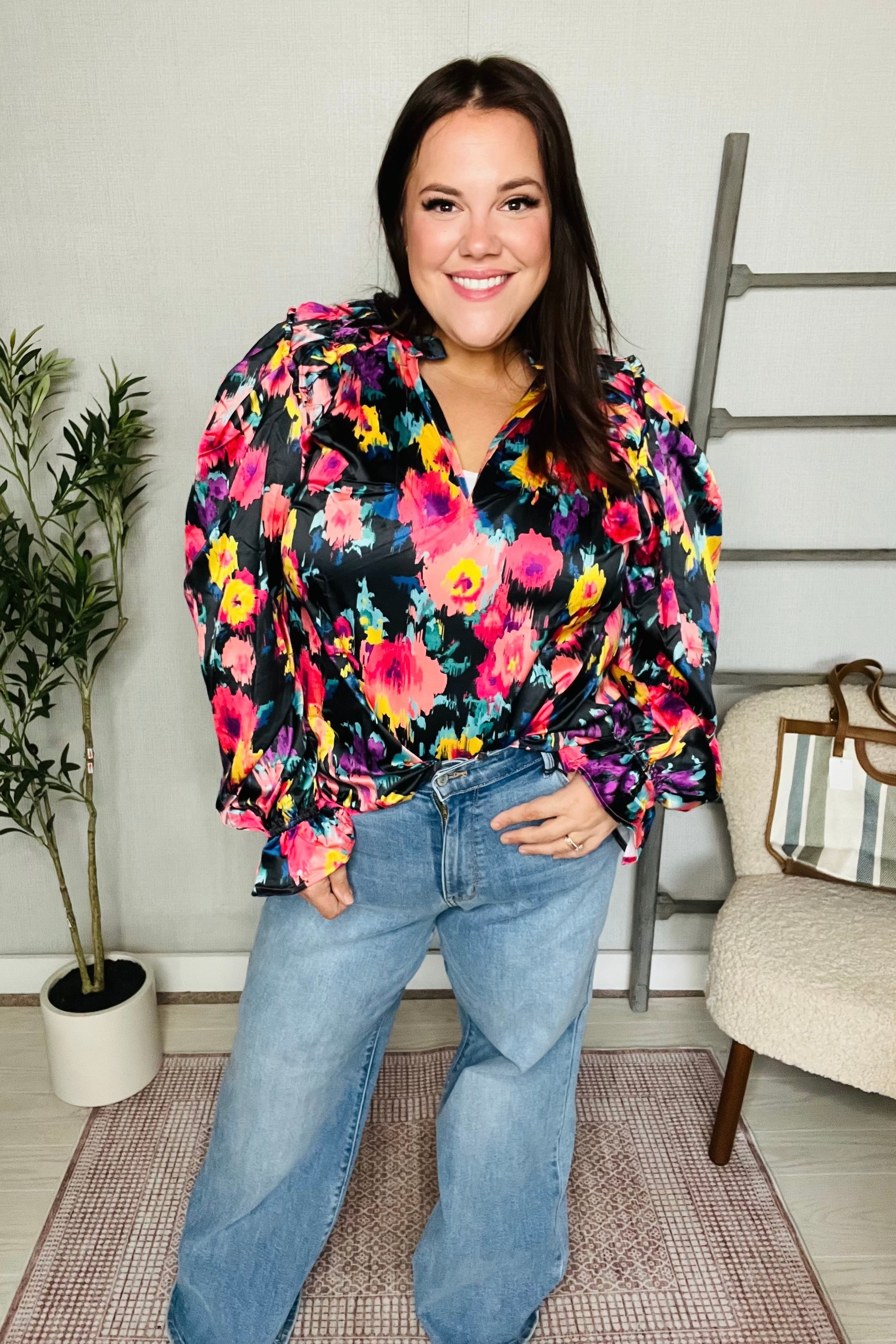 Bold and Blooming Bubble Sleeve Woven Blouse