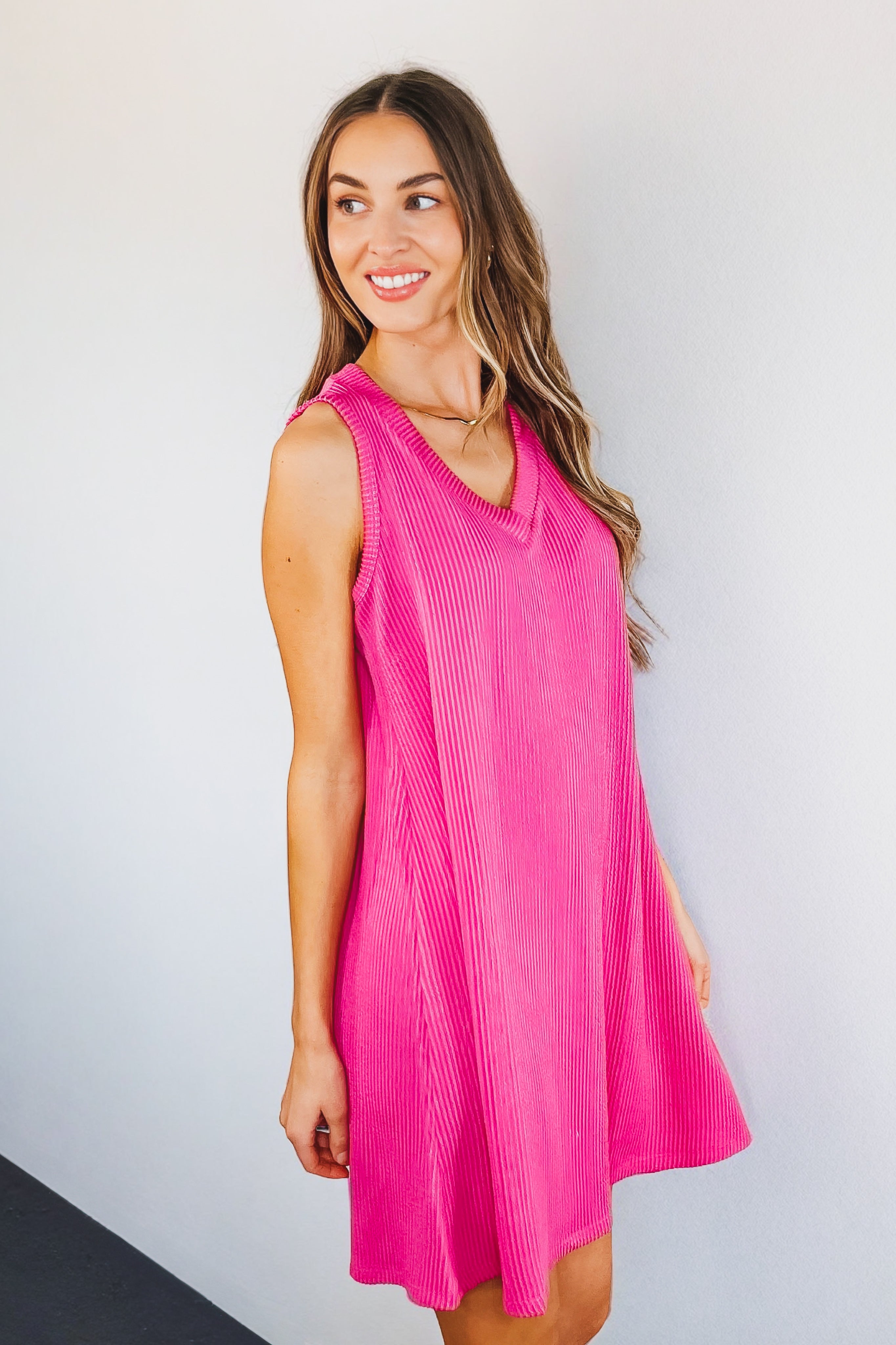 The Power I Hold V-Neck Ribbed Knit Dress • Fuchsia