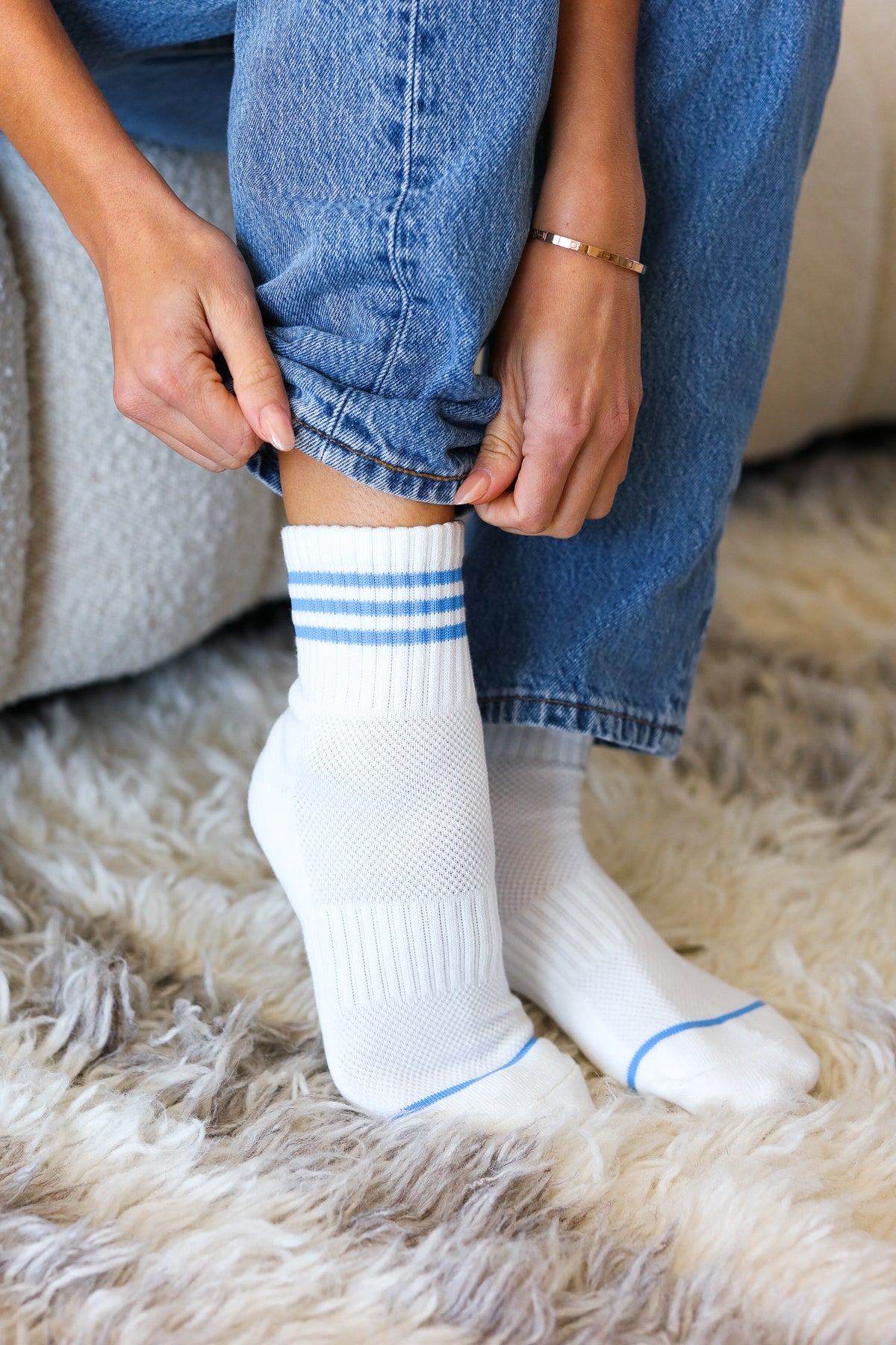 White & Blue Sport Ankle Socks