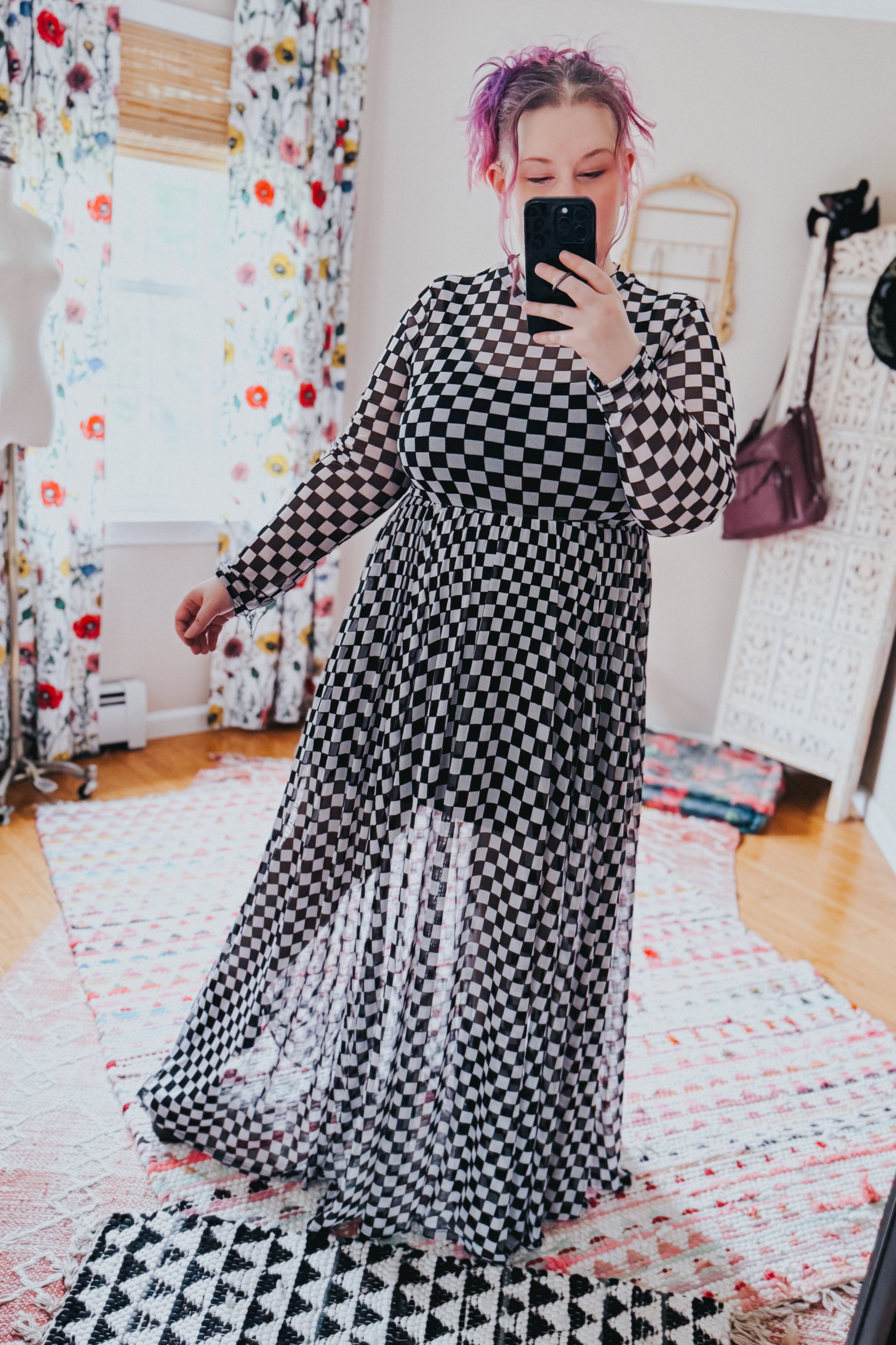 No Compromise Long Sleeve Checkered Print Mesh Maxi Dress
