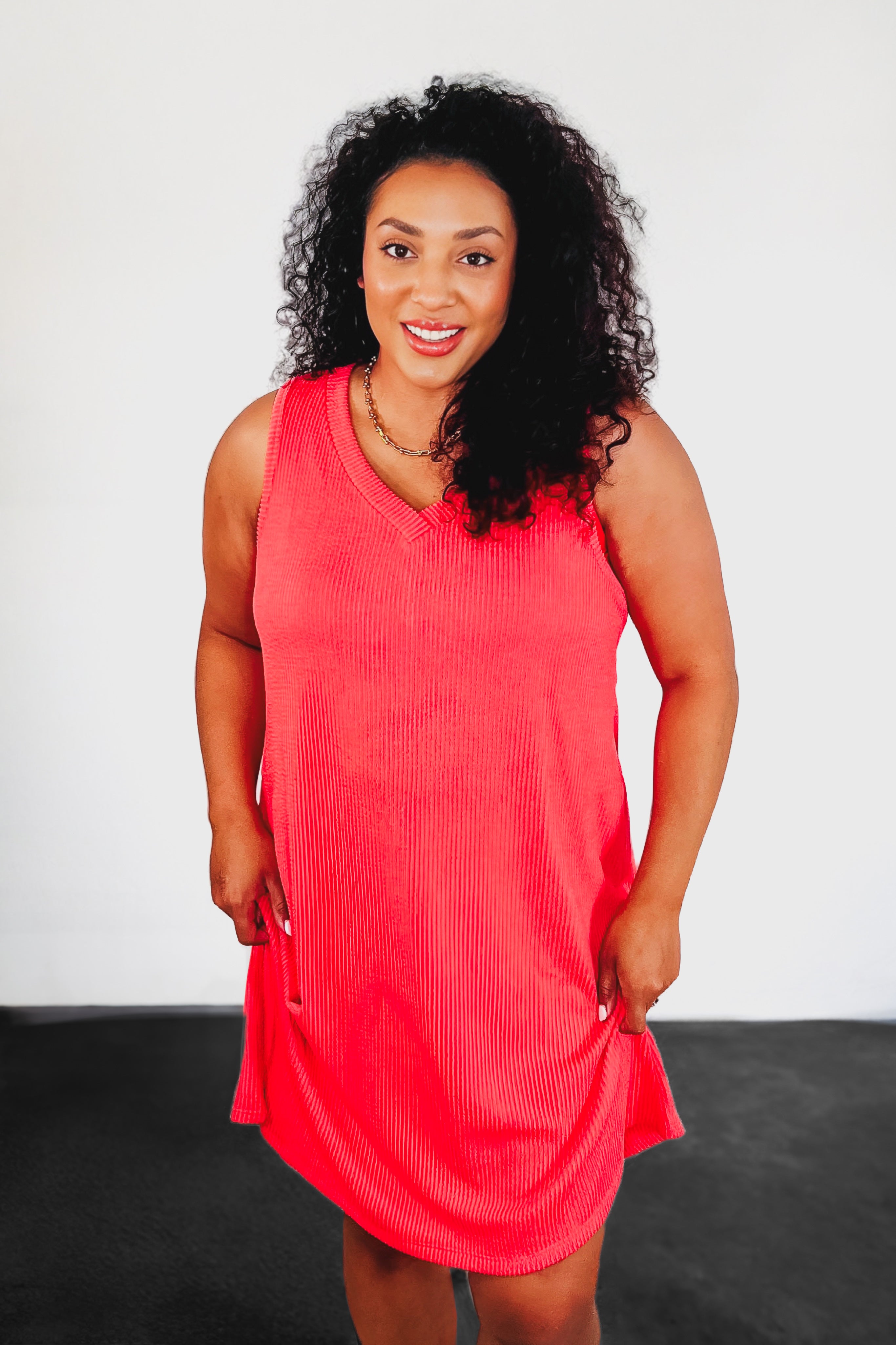 The Power I Hold V-Neck Ribbed Knit Dress • Summer Coral