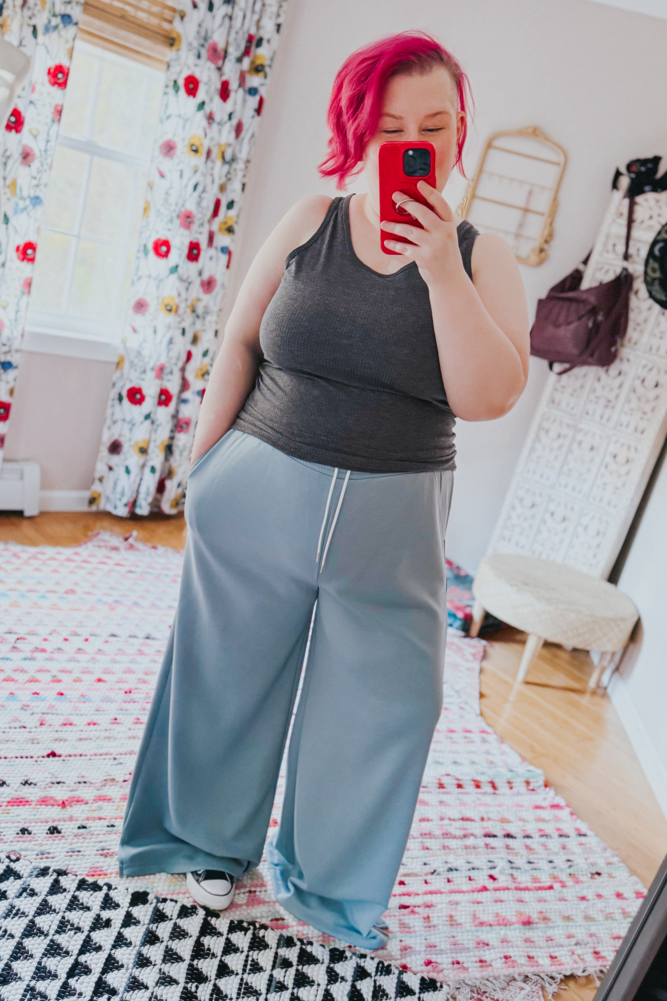 Come Crashing In Scuba Knit Drawstring Wide Leg Pants • Blue Grey