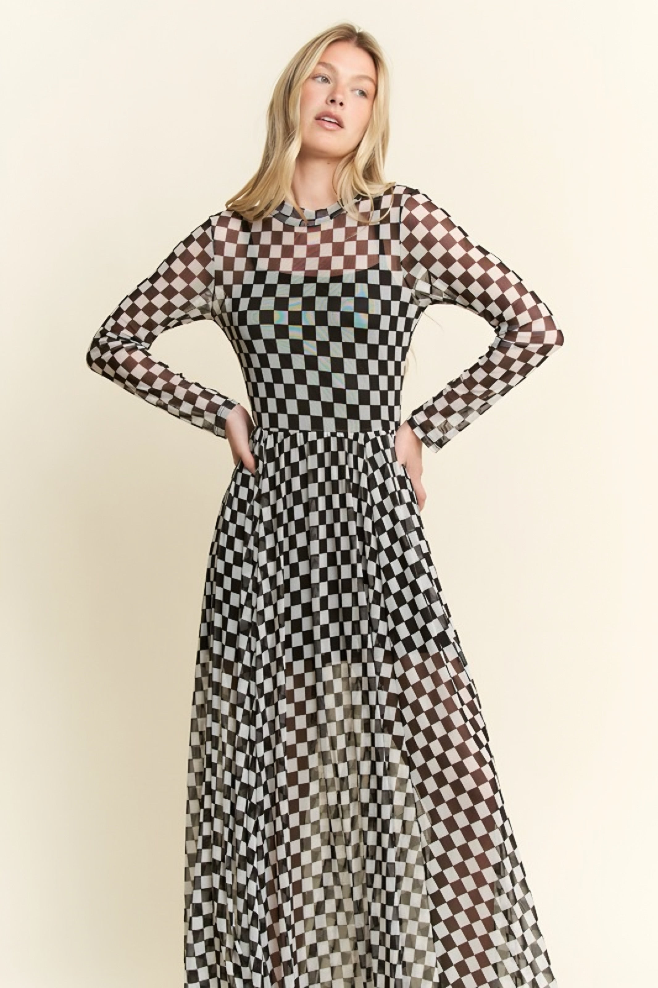 No Compromise Long Sleeve Checkered Print Mesh Maxi Dress