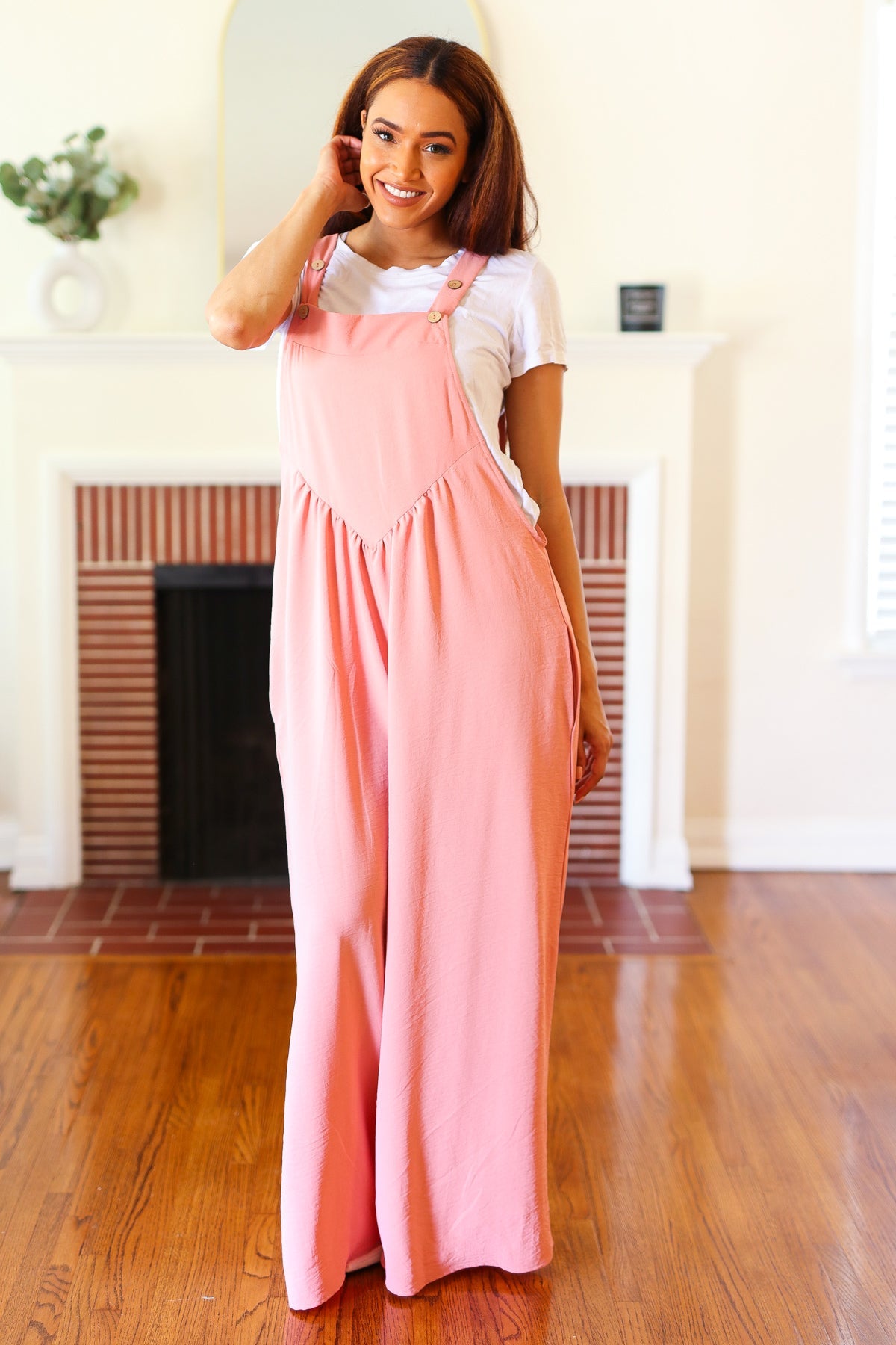 Move On Over Wide Leg Overall Jumpsuit • Coral