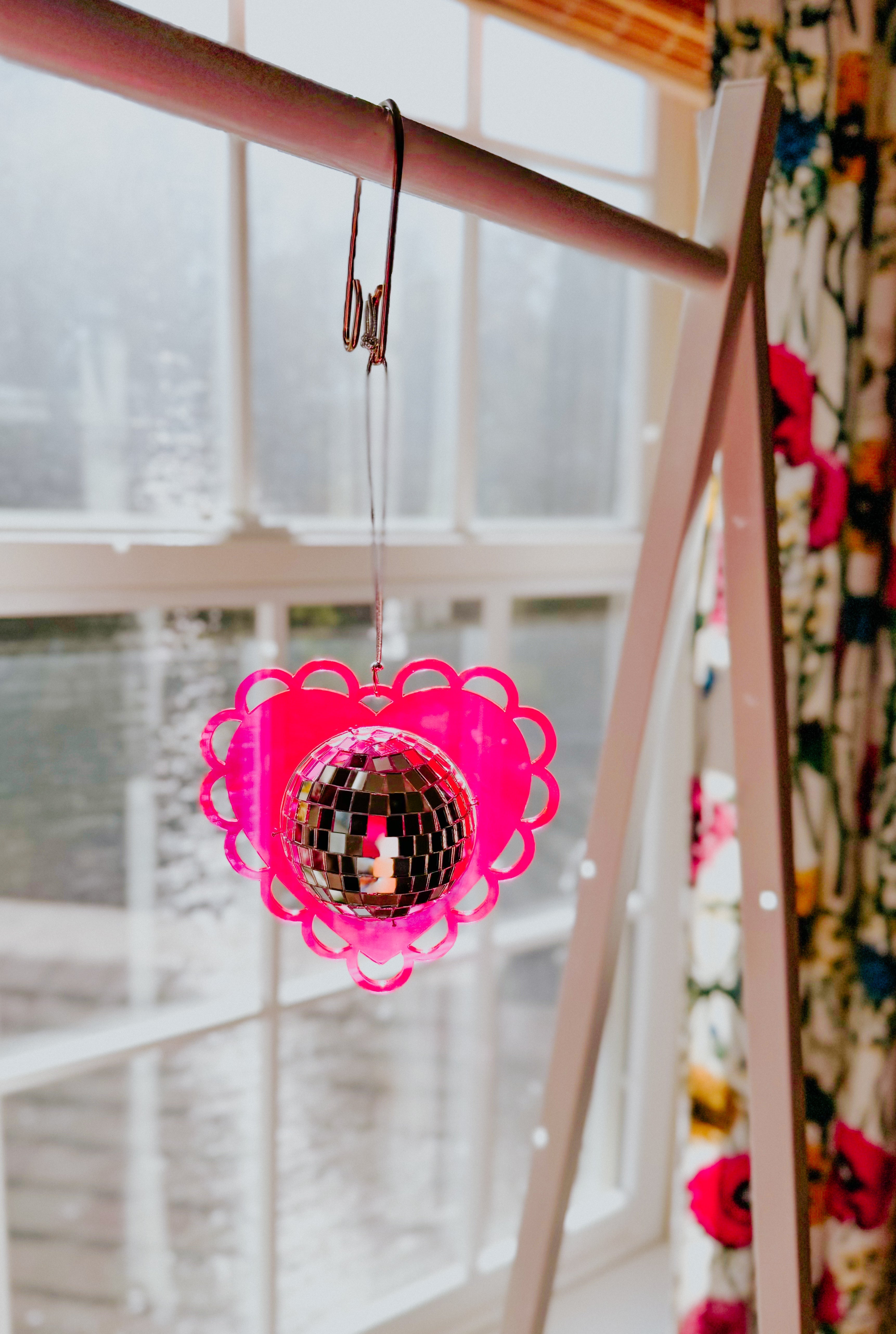 Hanging Mini Disco Scalloped Heart Sun Catcher • Hot Pink