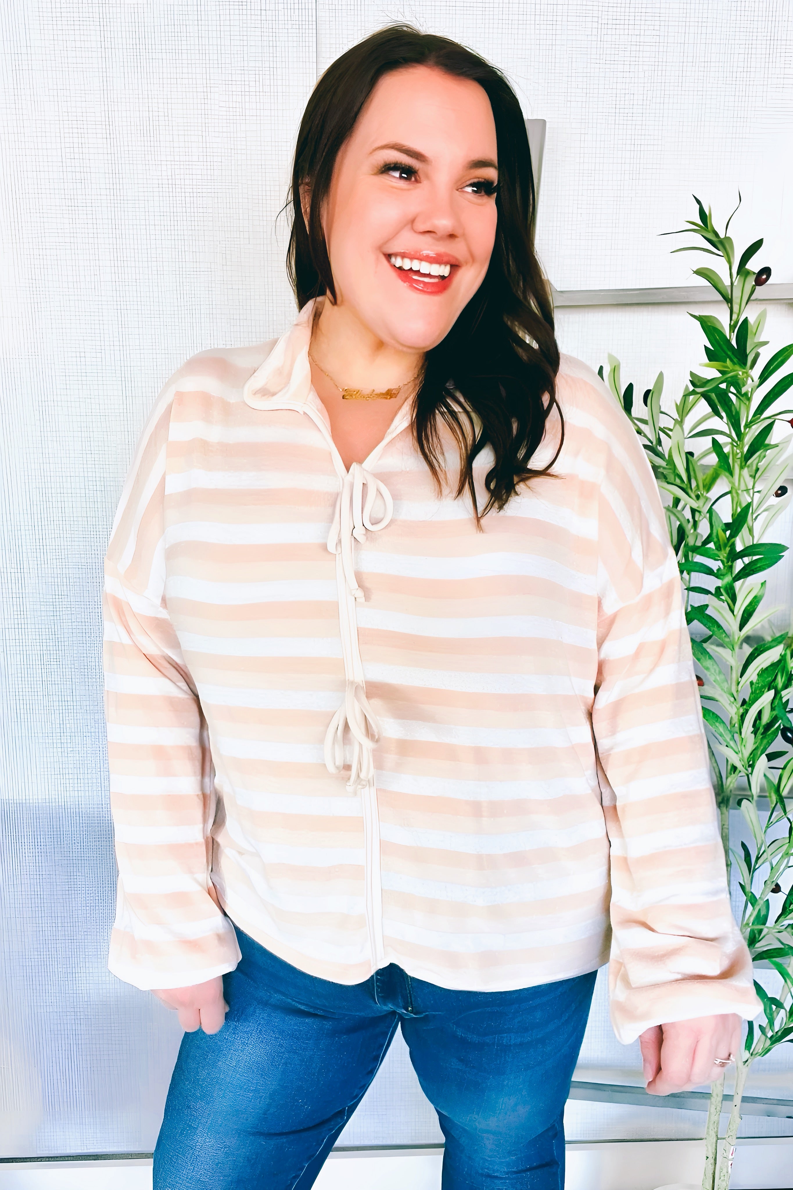 What You Say Striped Bow Tie Terry Top • Beige