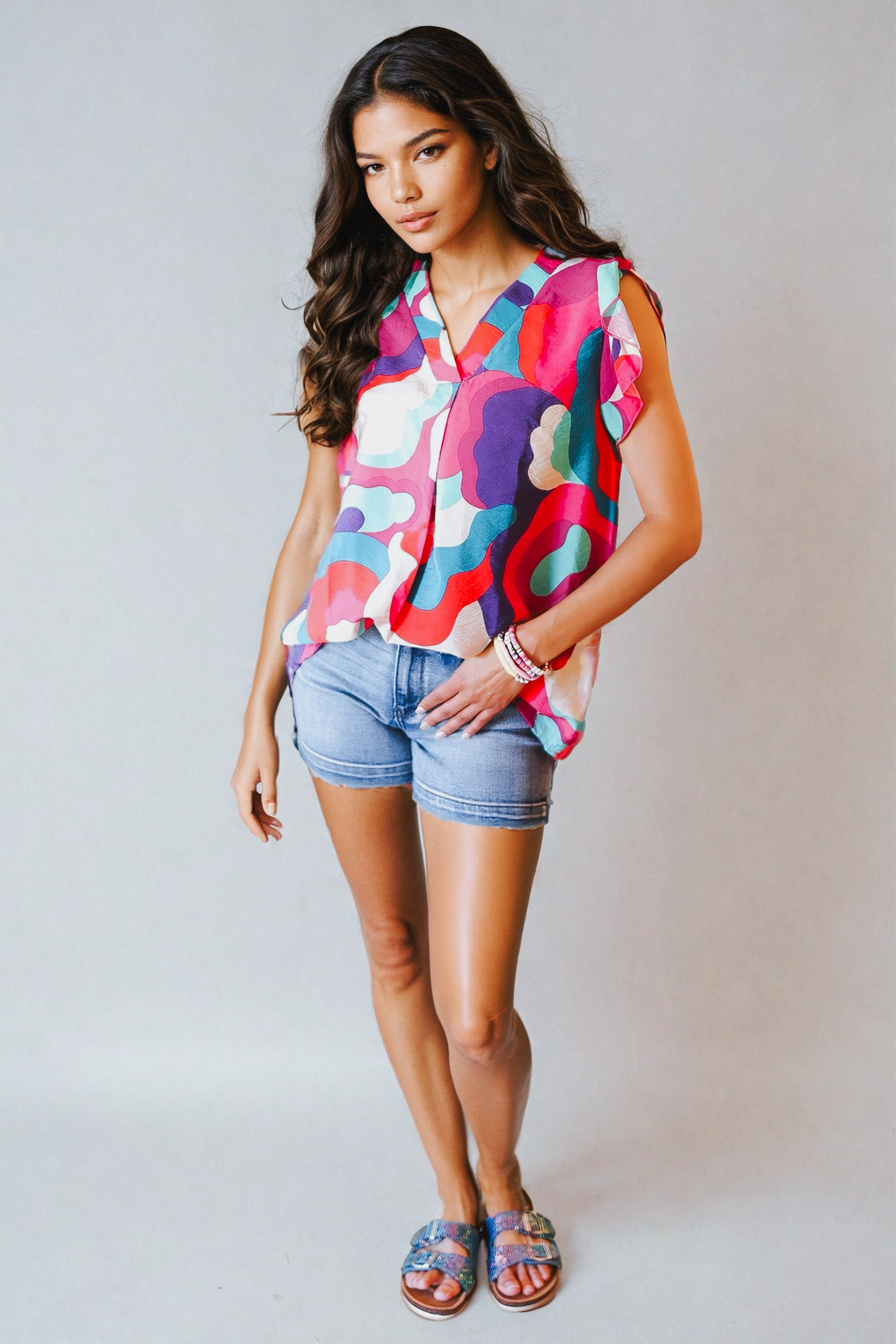 Finding Abstract V Neck Flutter Sleeve Top